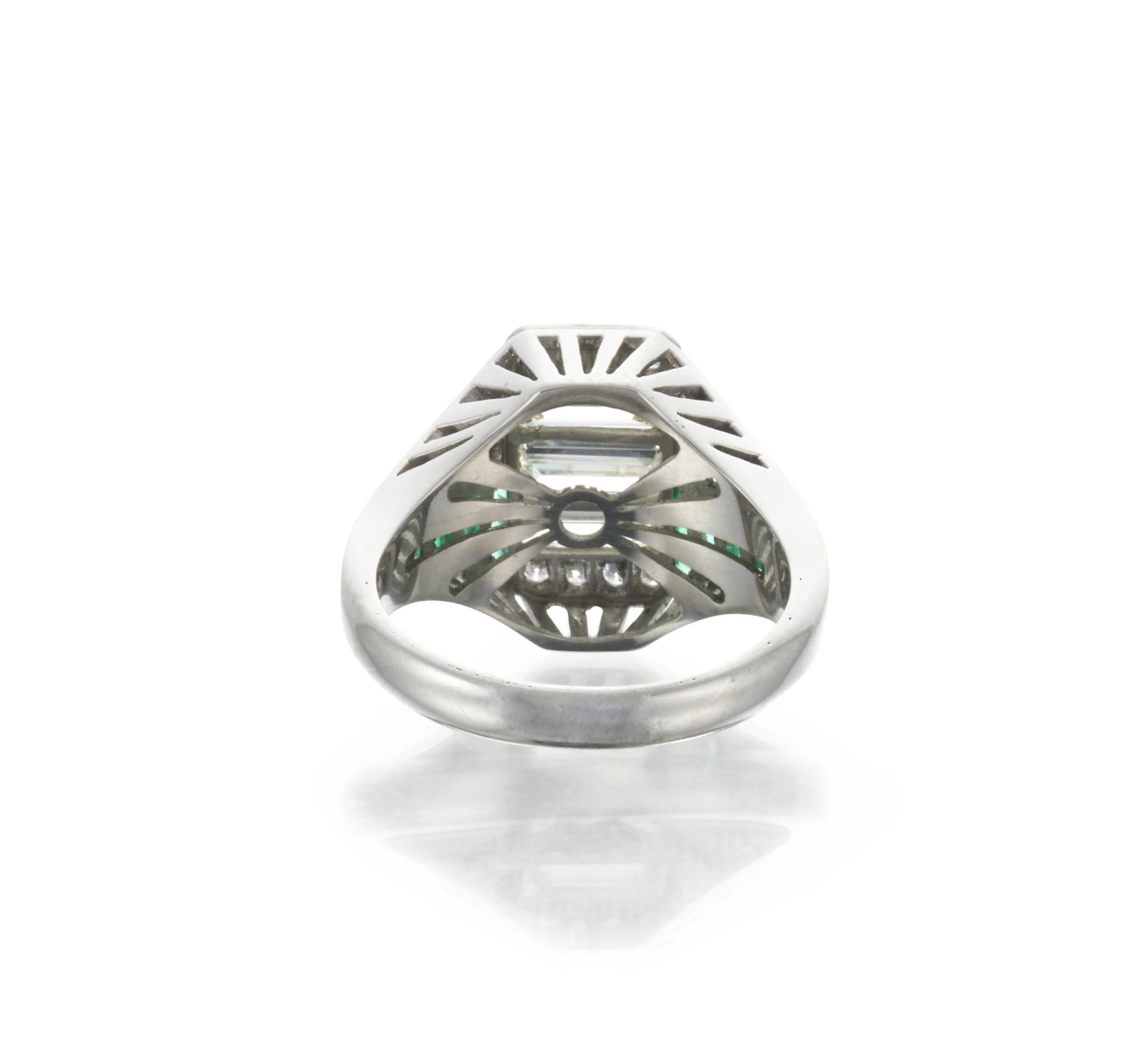 Baguette Cut Platinum Emerald and Diamond Ring For Sale