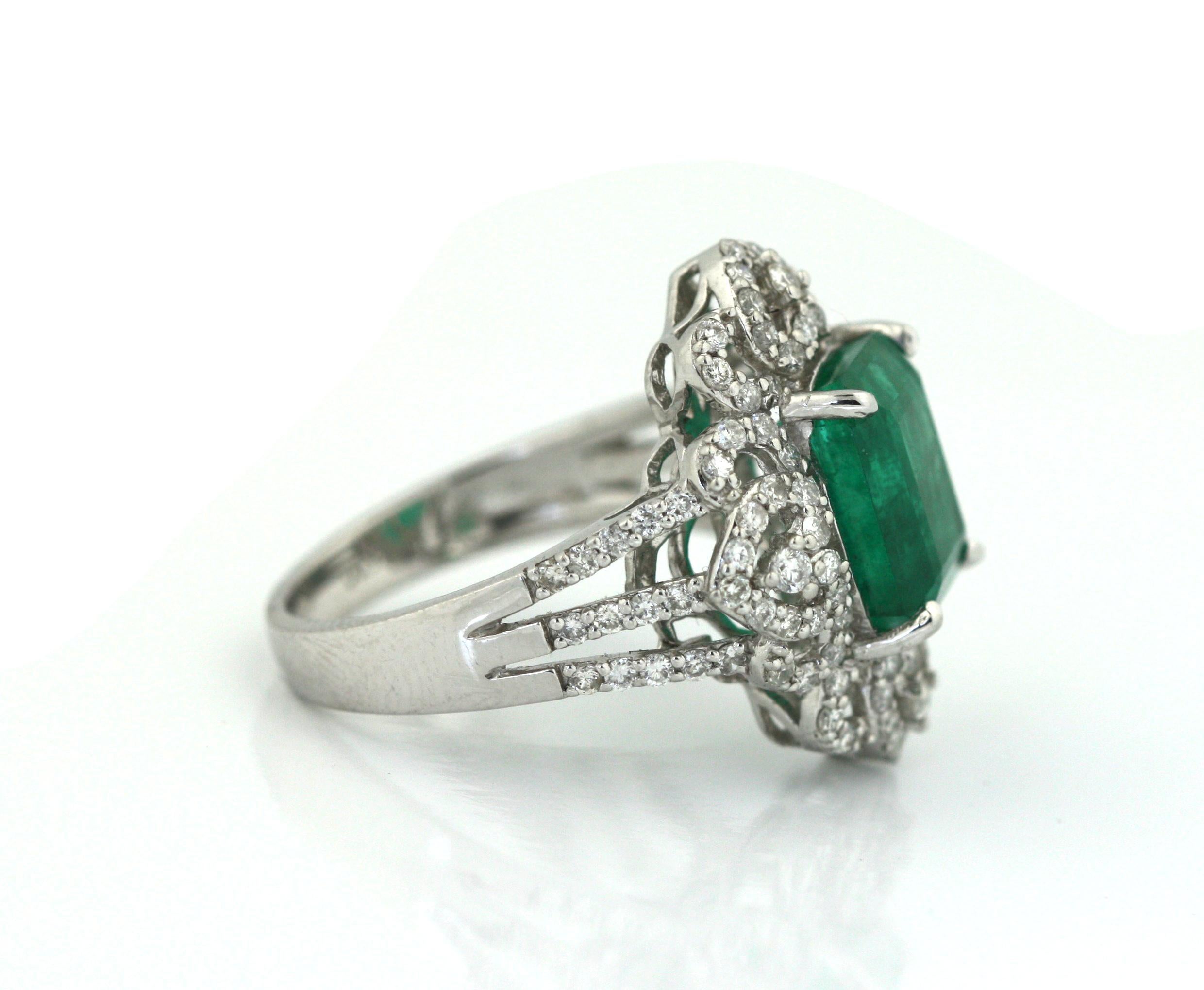 Emerald Cut Platinum Emerald and Diamond Ring