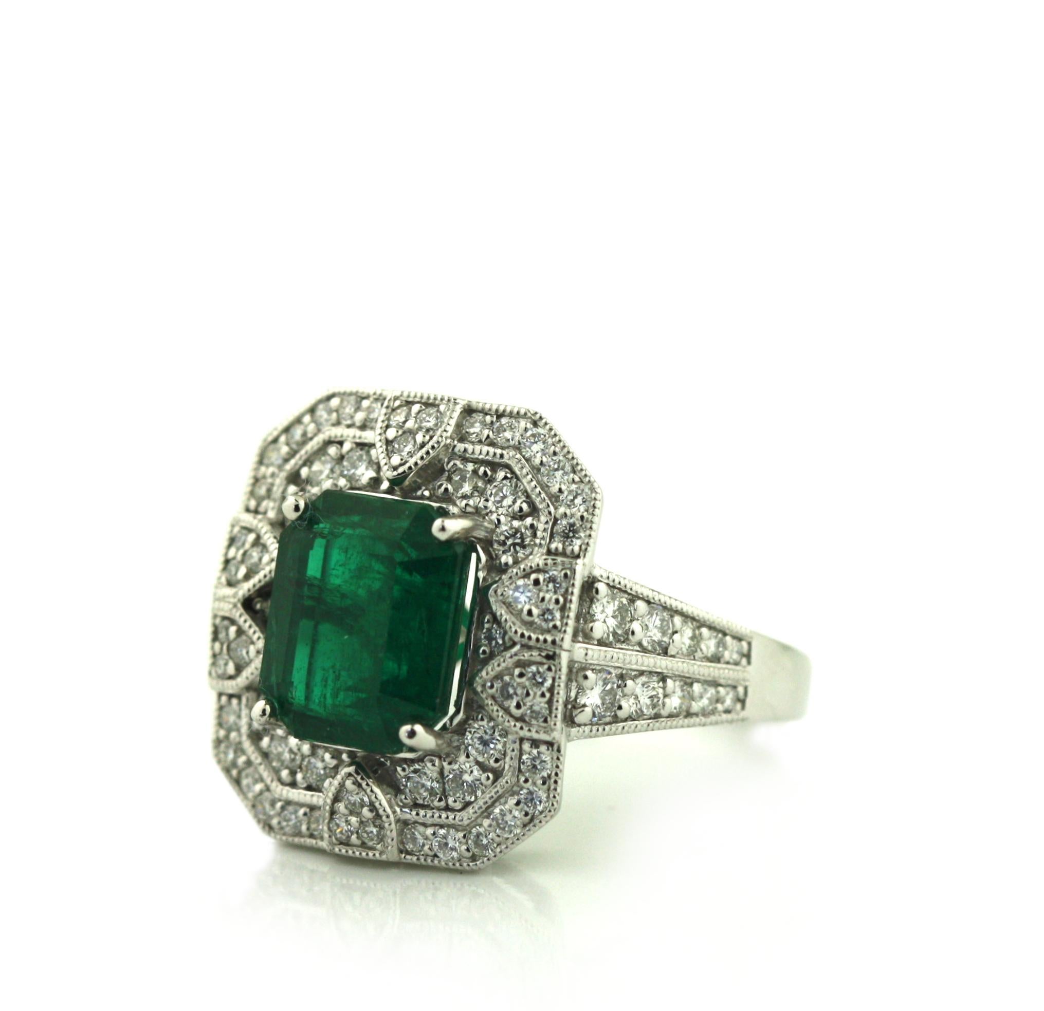 Emerald Cut Platinum Emerald and Diamond Ring   For Sale