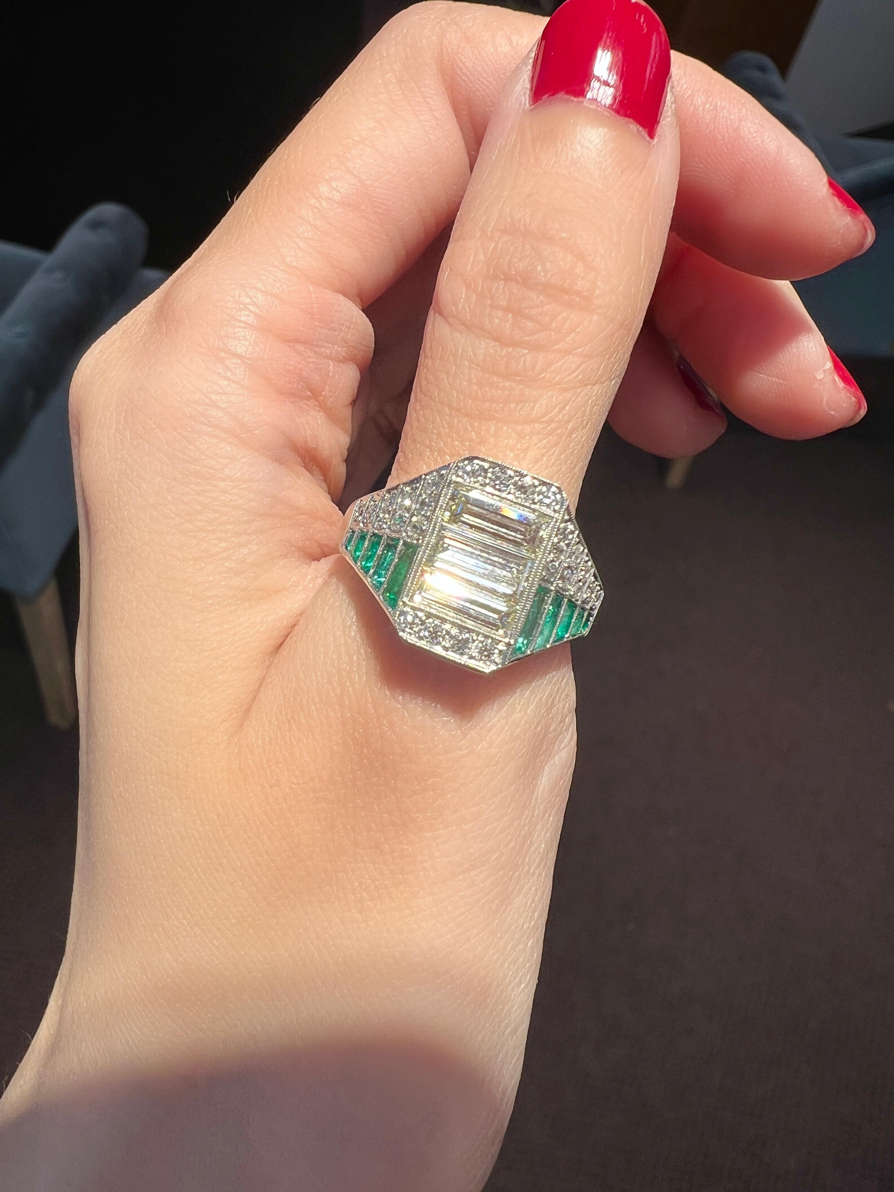 Women's Platinum Emerald and Diamond Ring For Sale