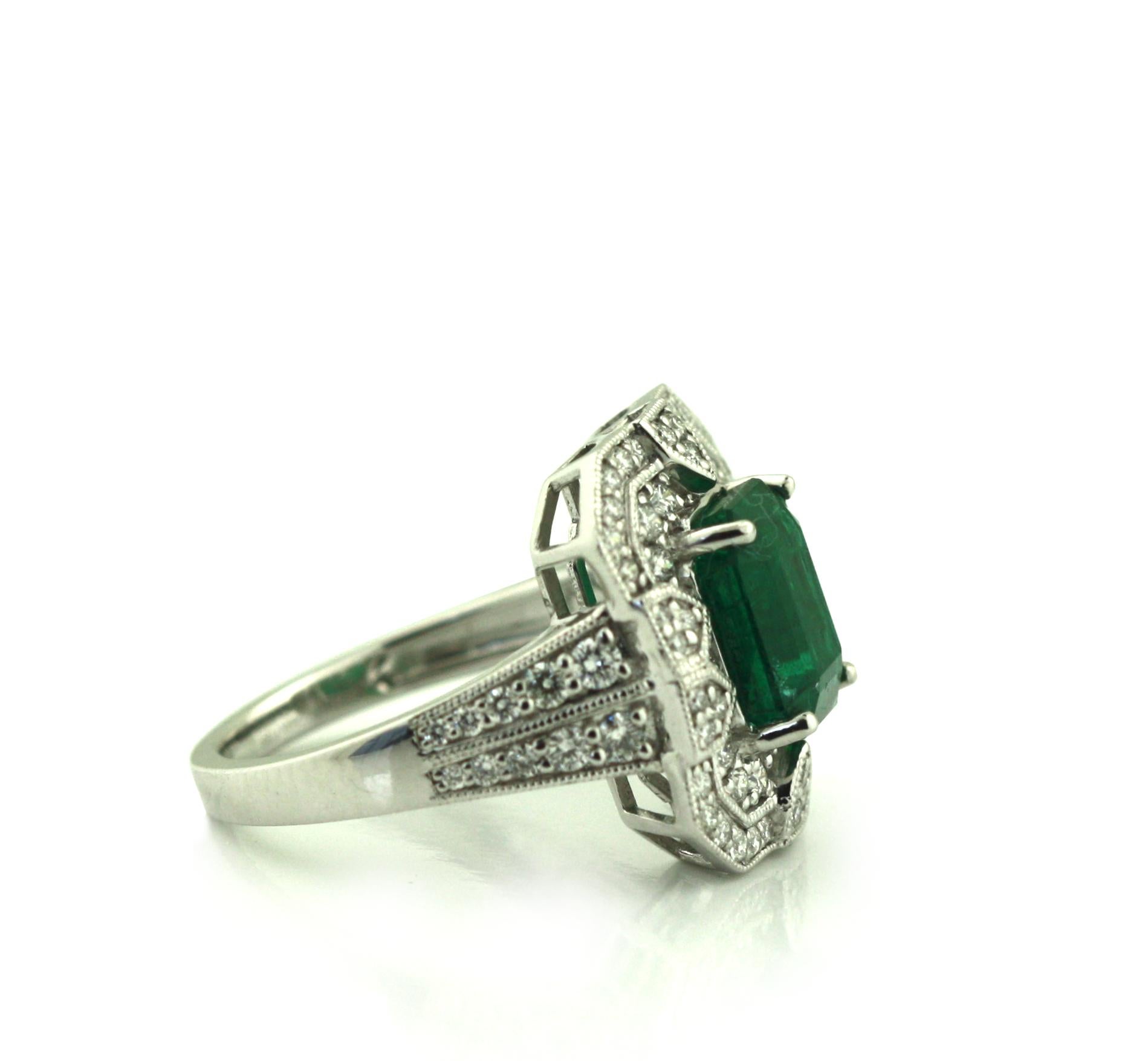 Platinum Emerald and Diamond Ring   For Sale 2