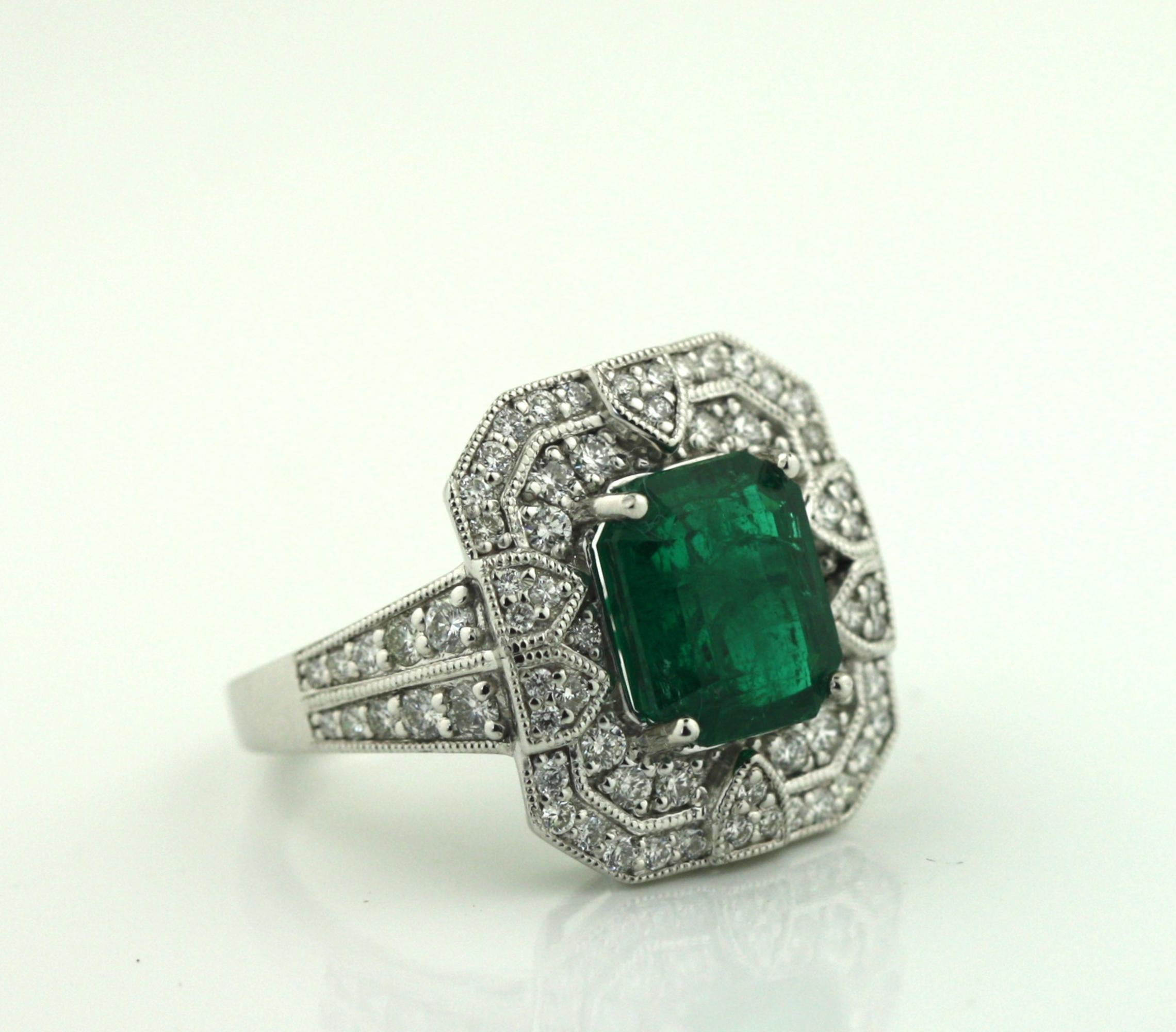 Platinum Emerald and Diamond Ring   For Sale 3