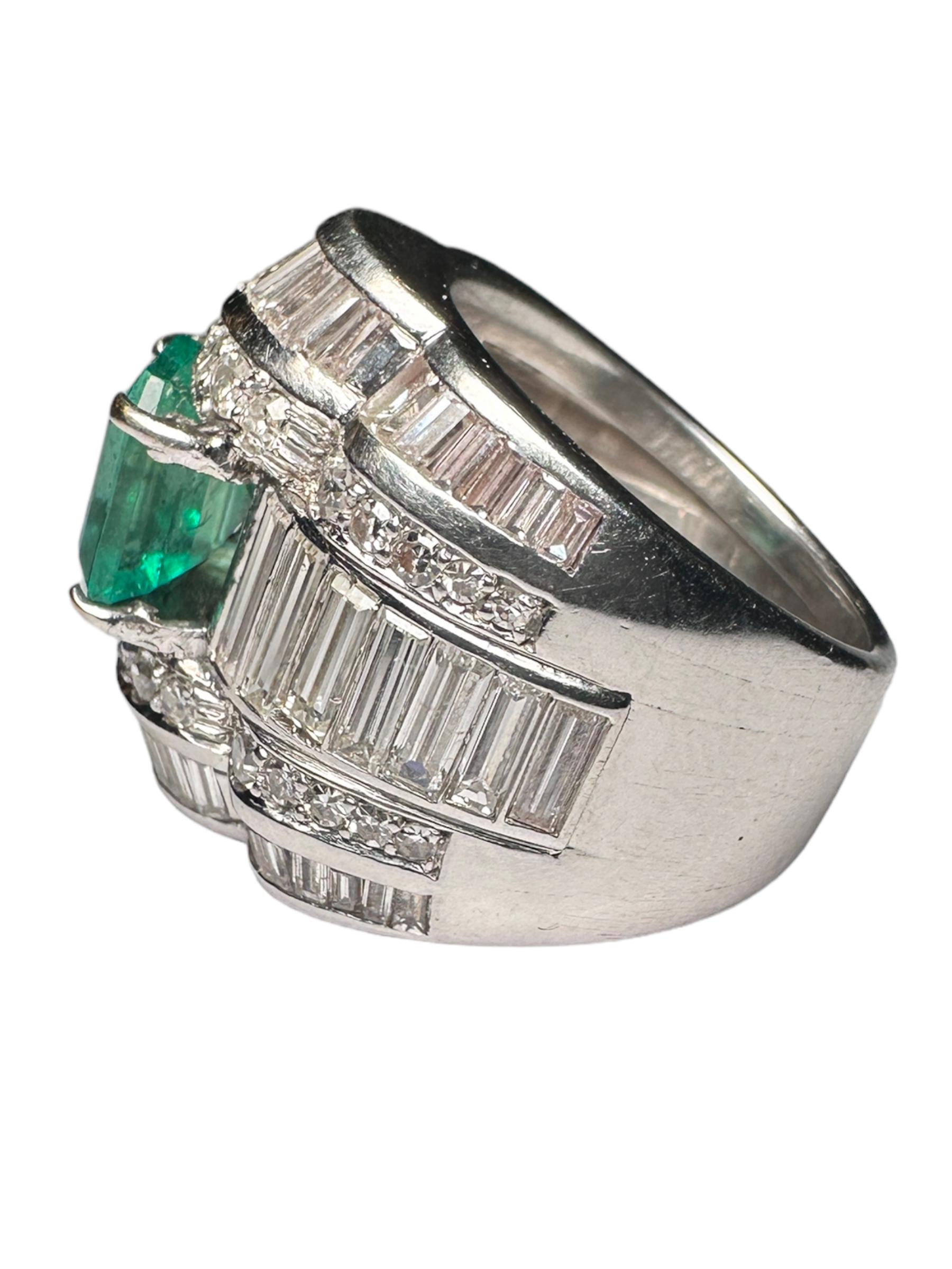 Octagon Cut Platinum emerald and diamonds ring  For Sale