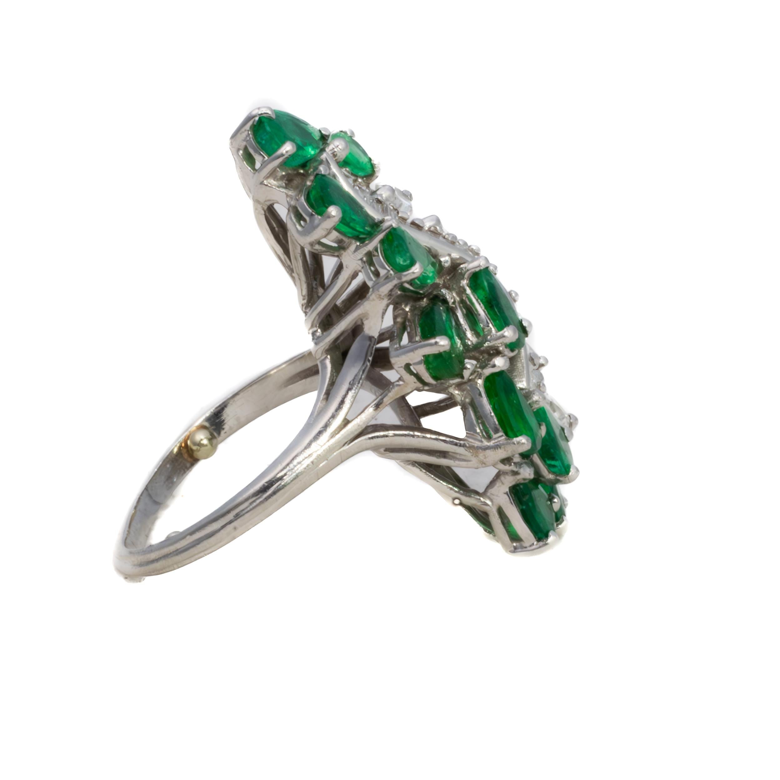 Retro Platinum Emerald and Marquise & Baguette Cut Diamond Cocktail Ring For Sale