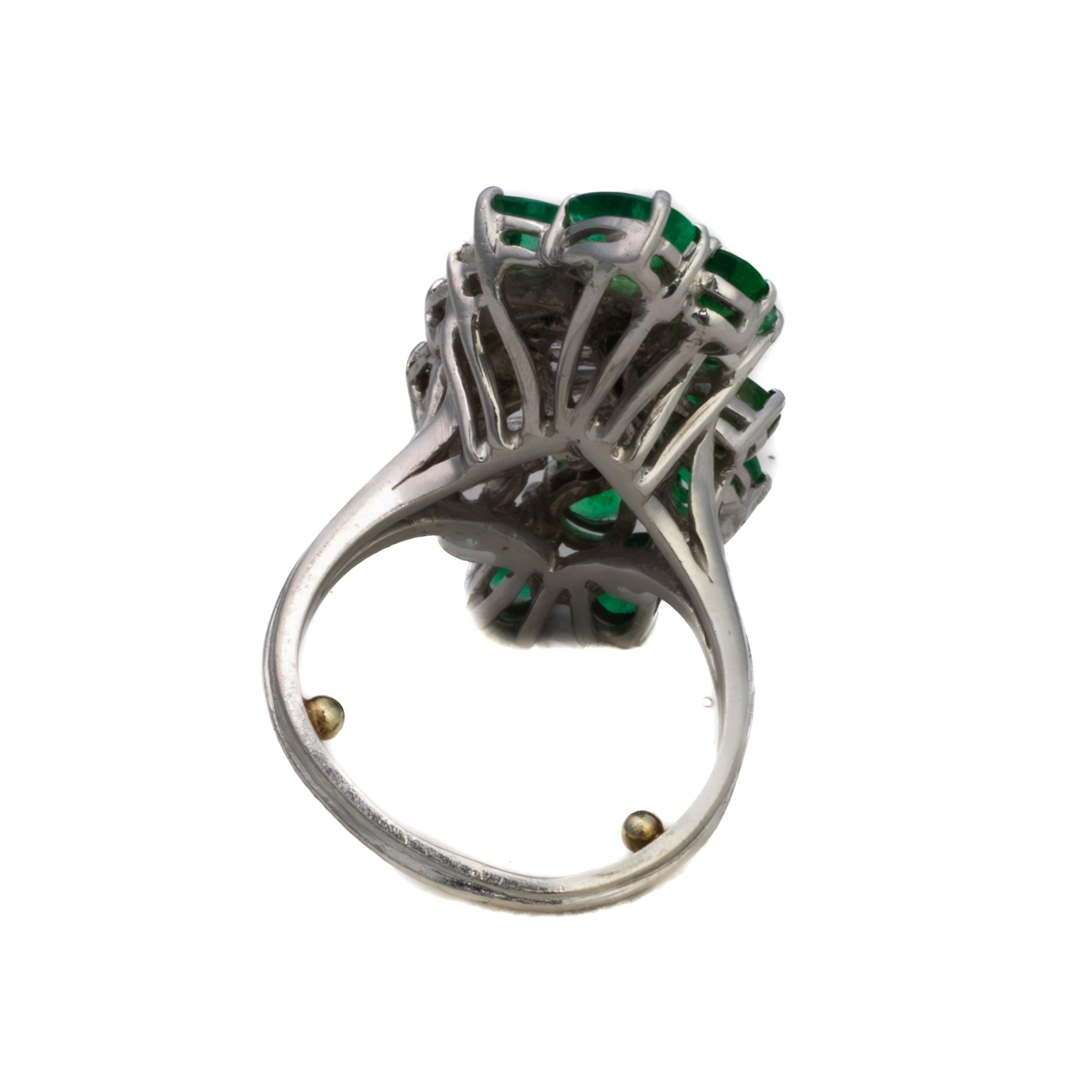 Platinum Emerald and Marquise & Baguette Cut Diamond Cocktail Ring In Excellent Condition For Sale In New York, NY