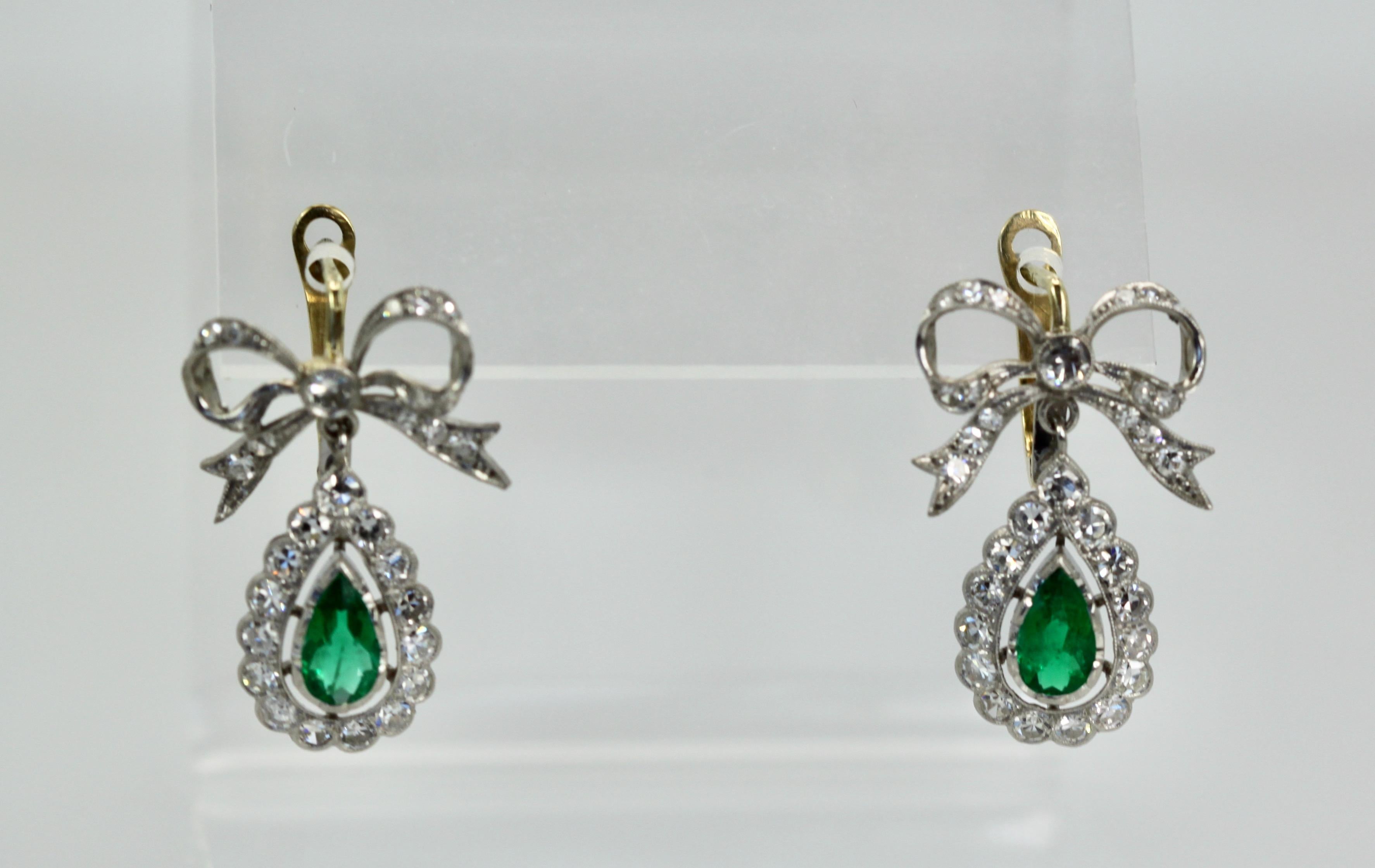 Victorian Platinum Emerald Diamond Bow Earrings  For Sale