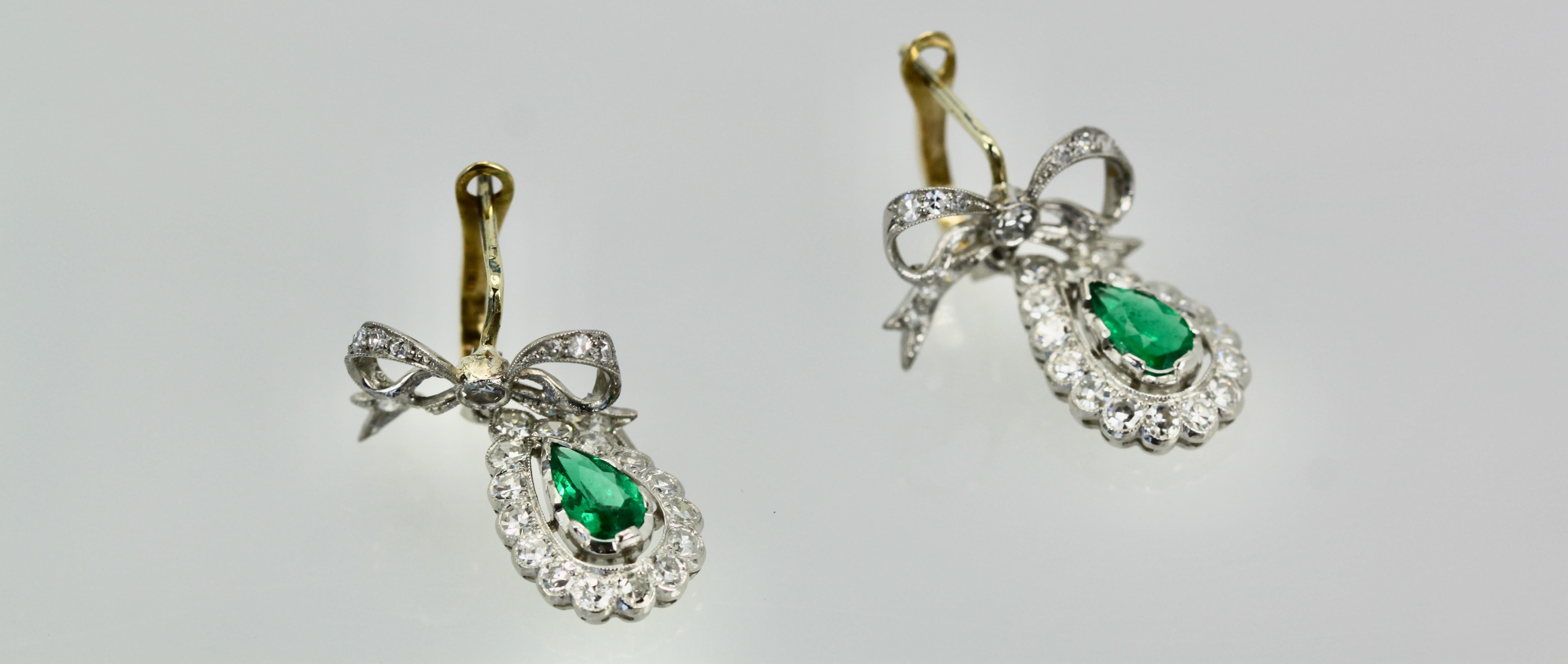 Women's or Men's Platinum Emerald Diamond Bow Earrings  For Sale