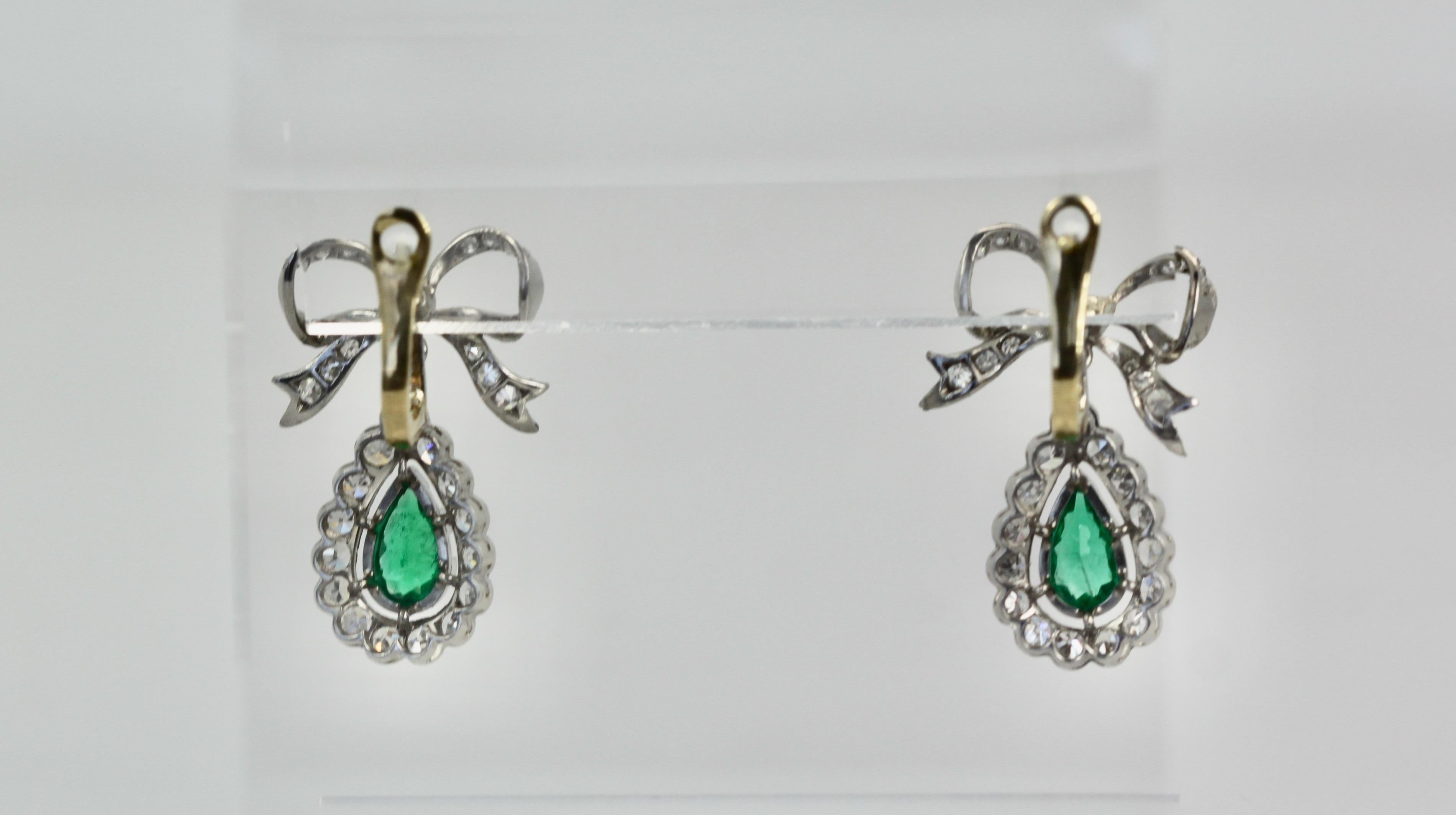 Platinum Emerald Diamond Bow Earrings  For Sale 1