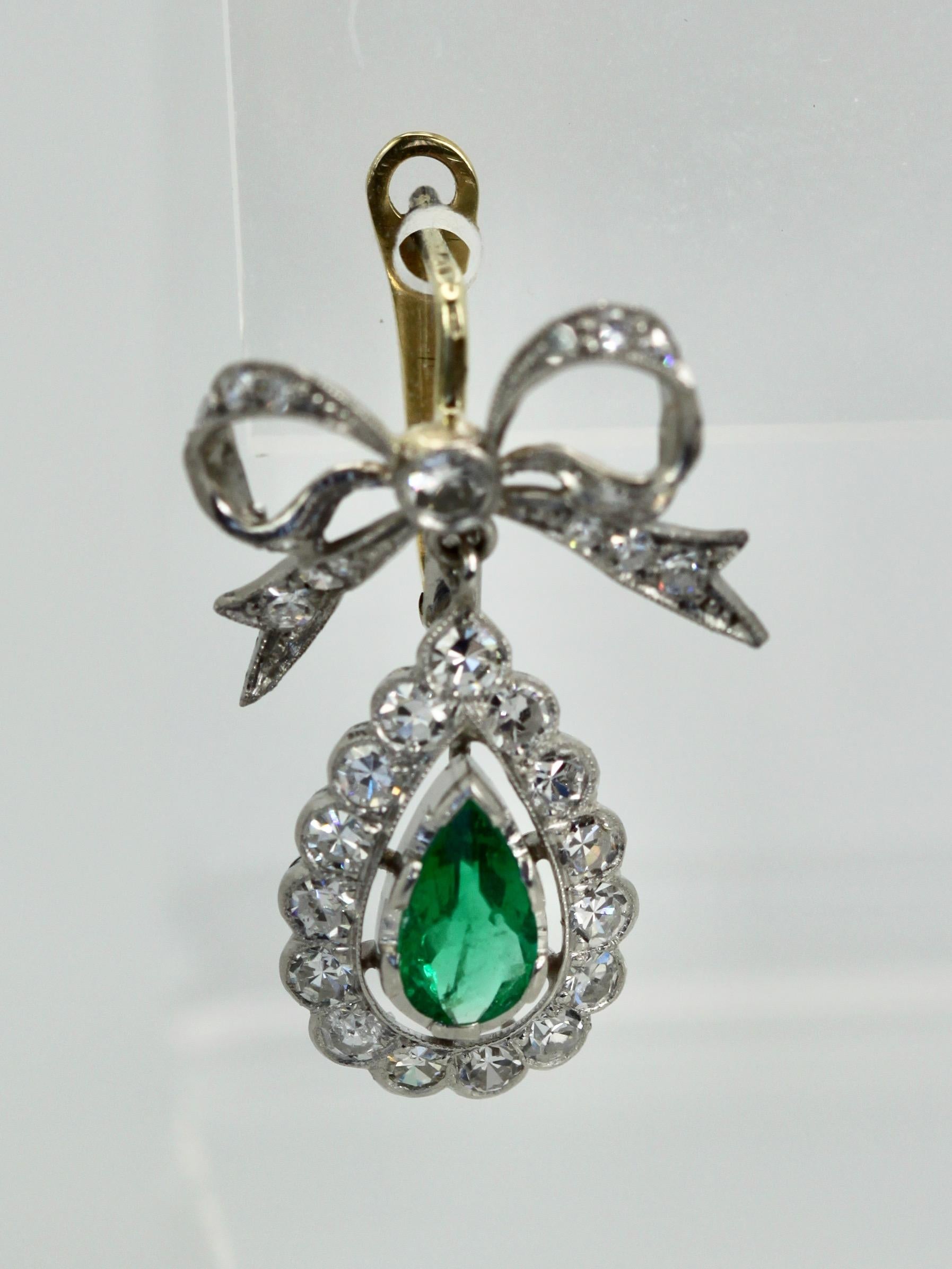 Platinum Emerald Diamond Bow Earrings  For Sale 2