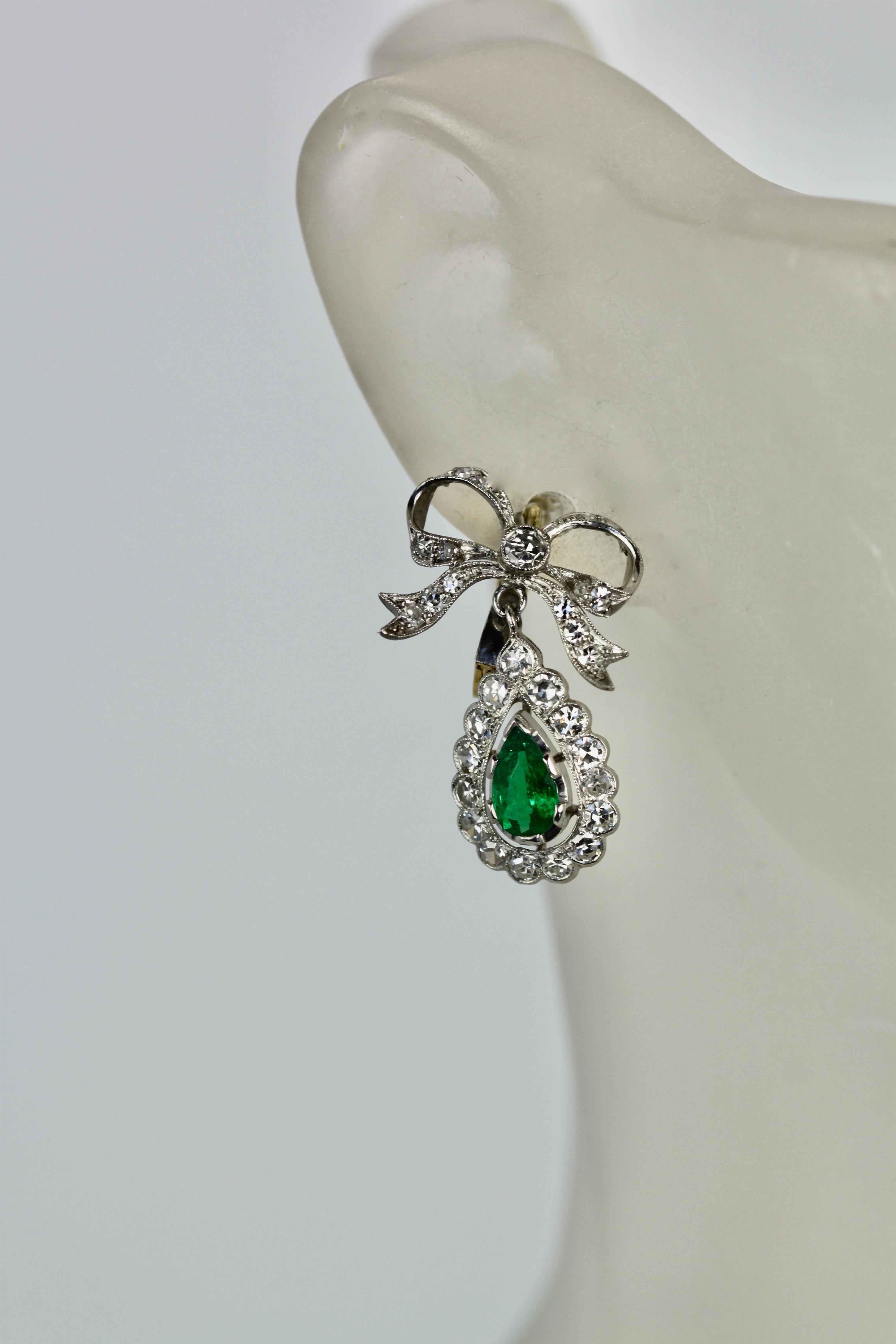 Platinum Emerald Diamond Bow Earrings  For Sale 3