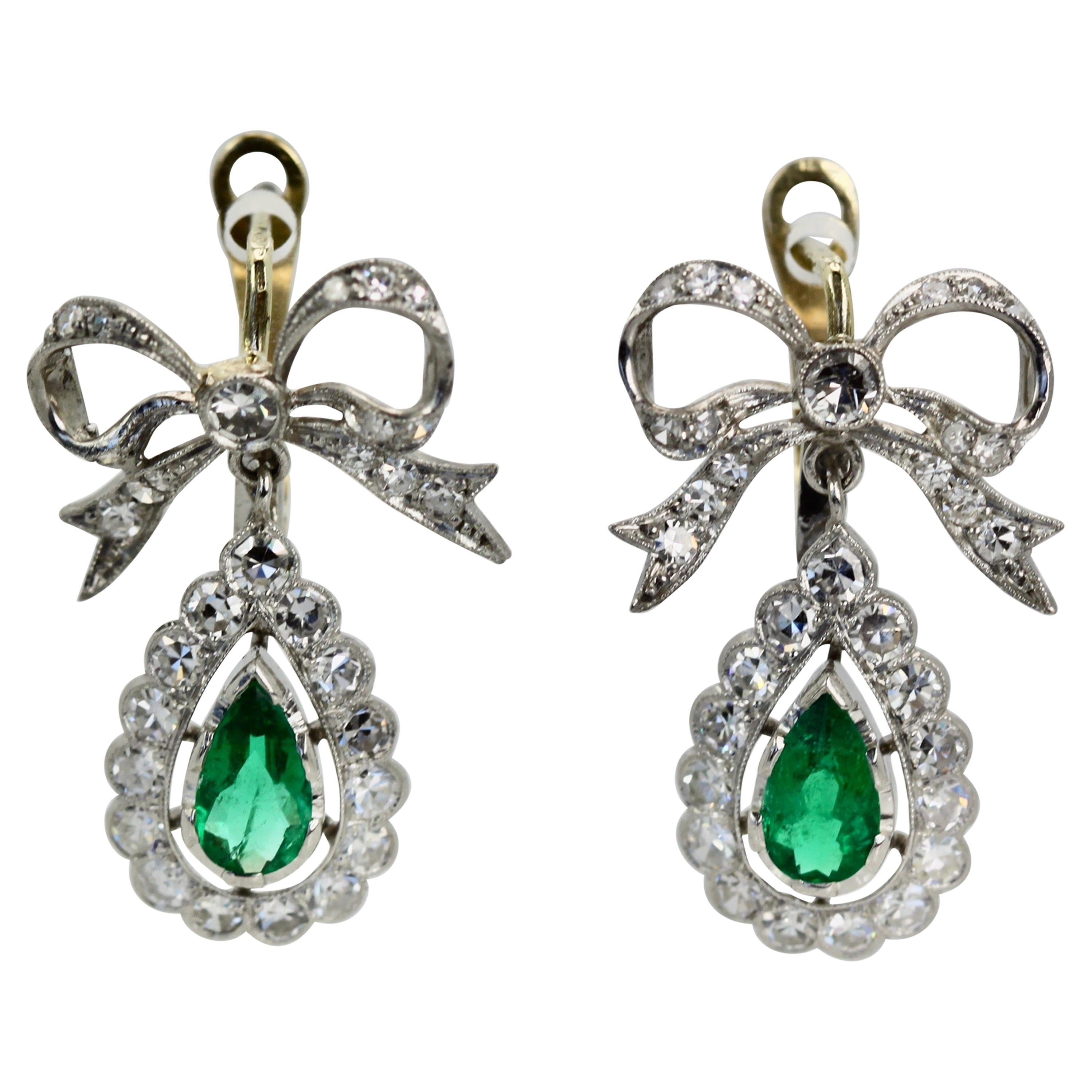 Platinum Emerald Diamond Bow Earrings 