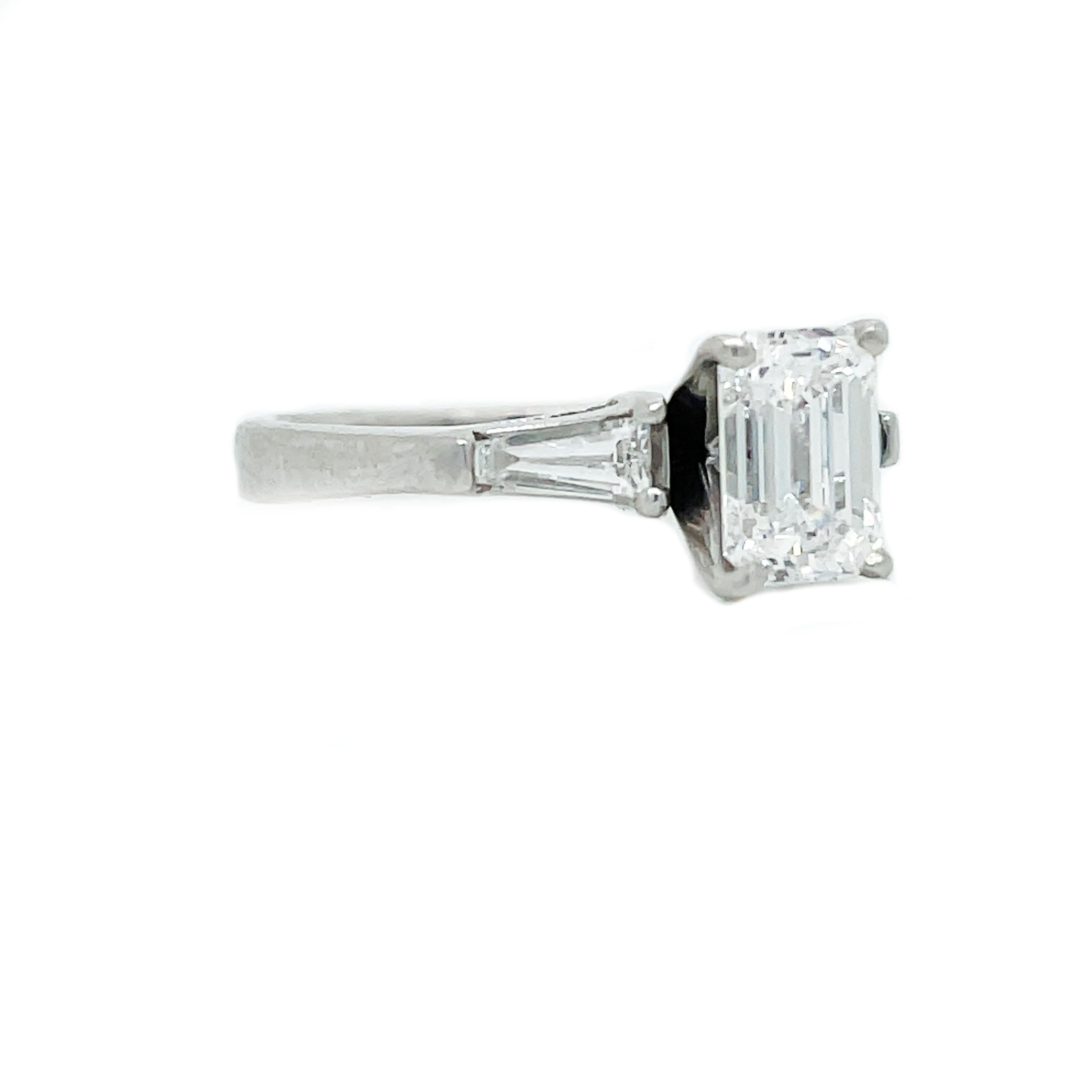 Contemporary Platinum 1.54 CTTW Emerald Cut and Baguette Diamond with GIA Report  For Sale