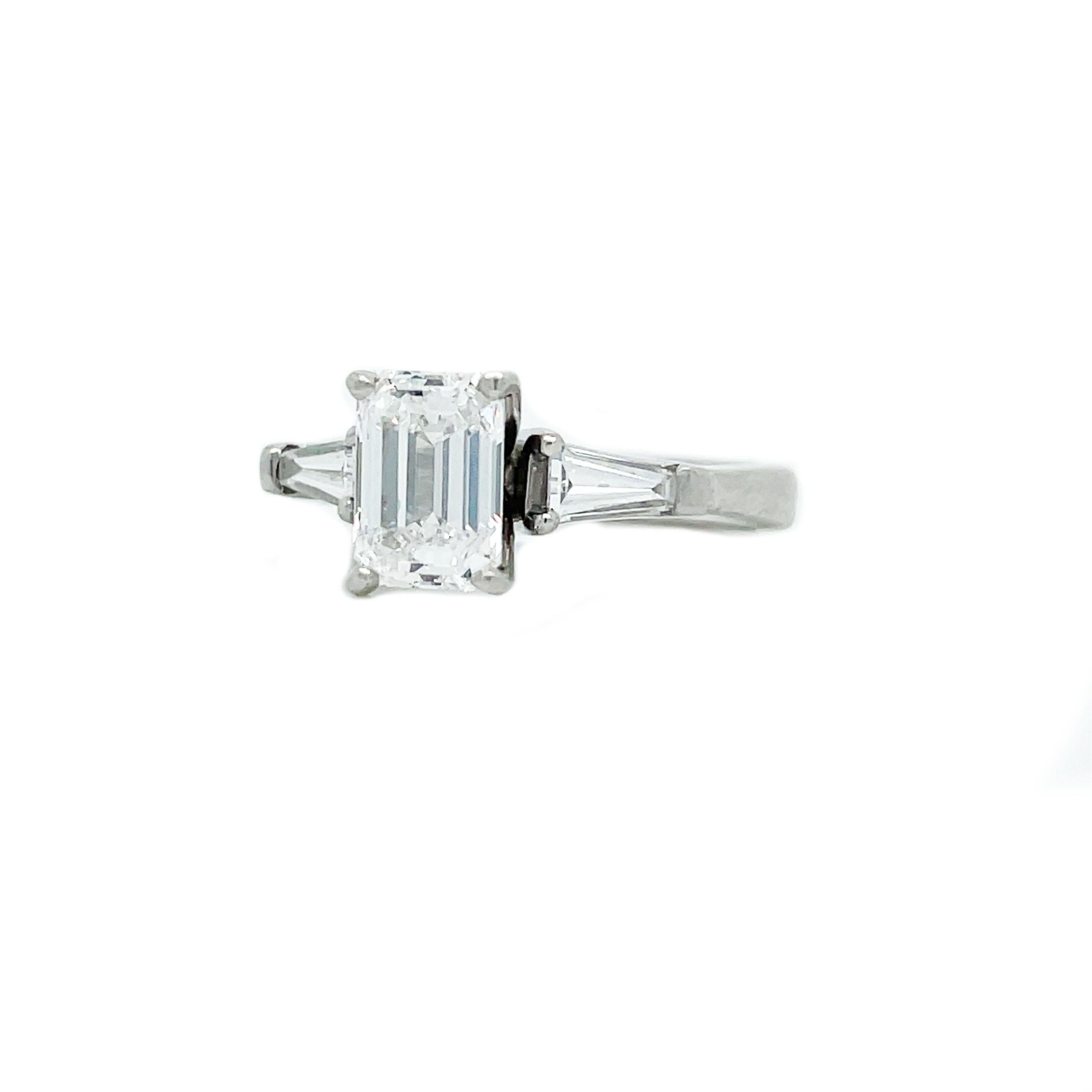 Platinum 1.54 CTTW Emerald Cut and Baguette Diamond with GIA Report  For Sale 1