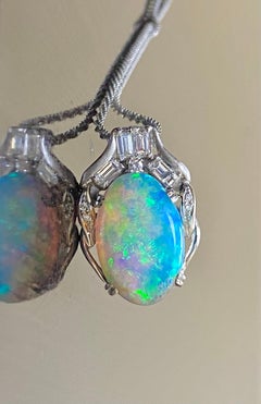 Platinum Emerald Cut Diamond 7.14 Carat Oval Australian Black Opal Necklace