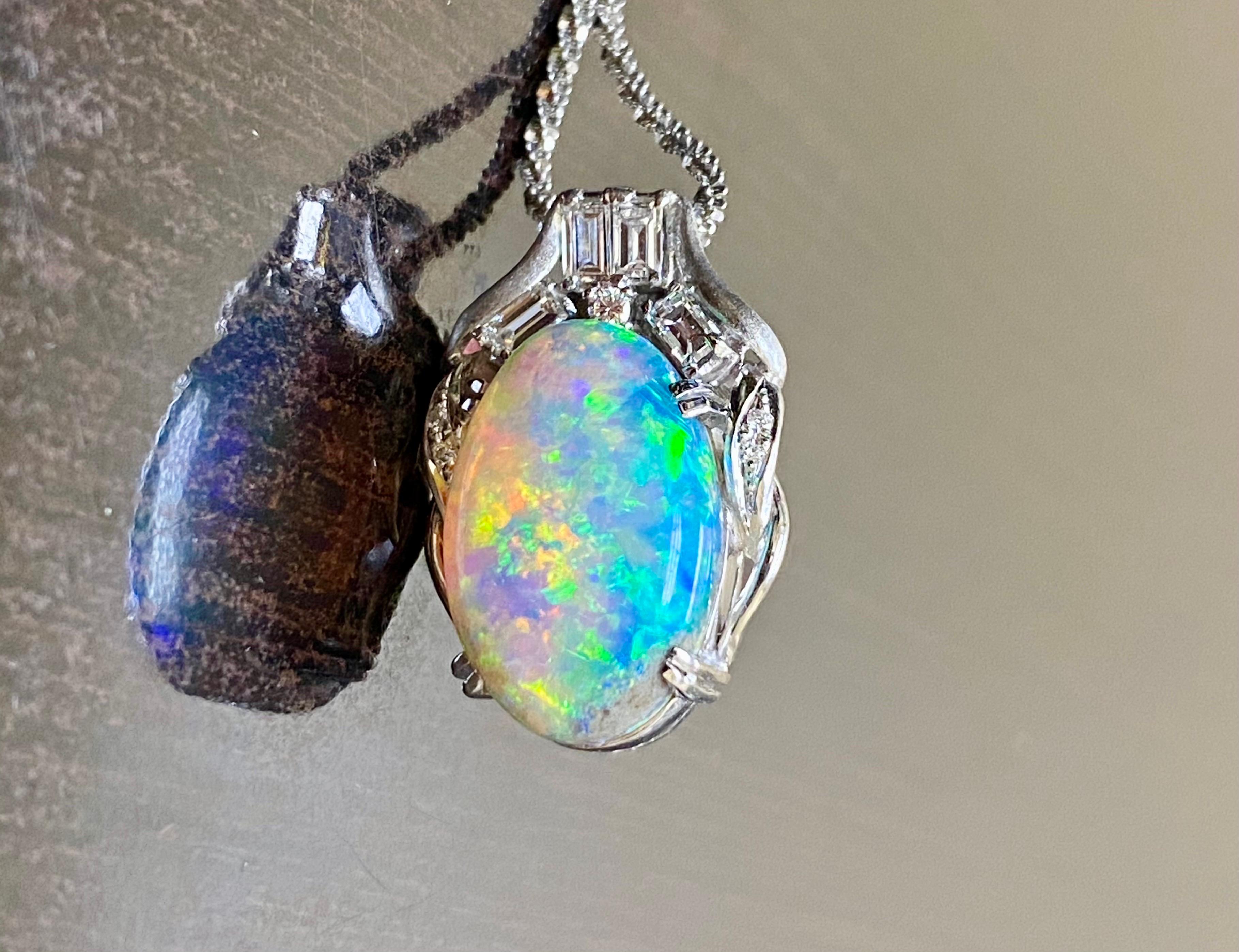 Platinum Emerald Cut Diamond 7.14 Carat Oval Australian Black Opal Necklace In New Condition For Sale In Los Angeles, CA