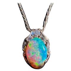 Platinum Emerald Cut Diamond 7.14 Carat Oval Australian Black Opal Necklace