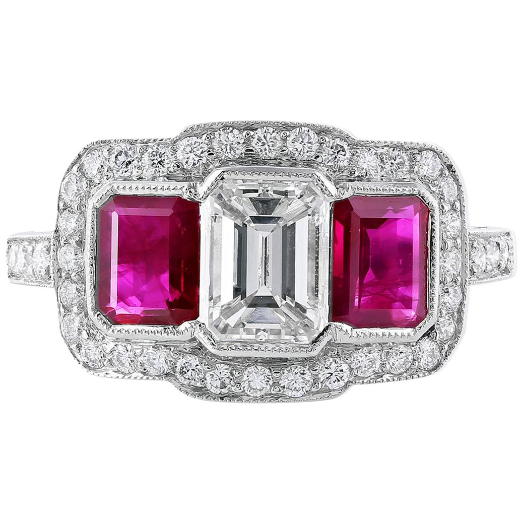 Platinum Emerald Cut Diamond and Ruby Ring For Sale
