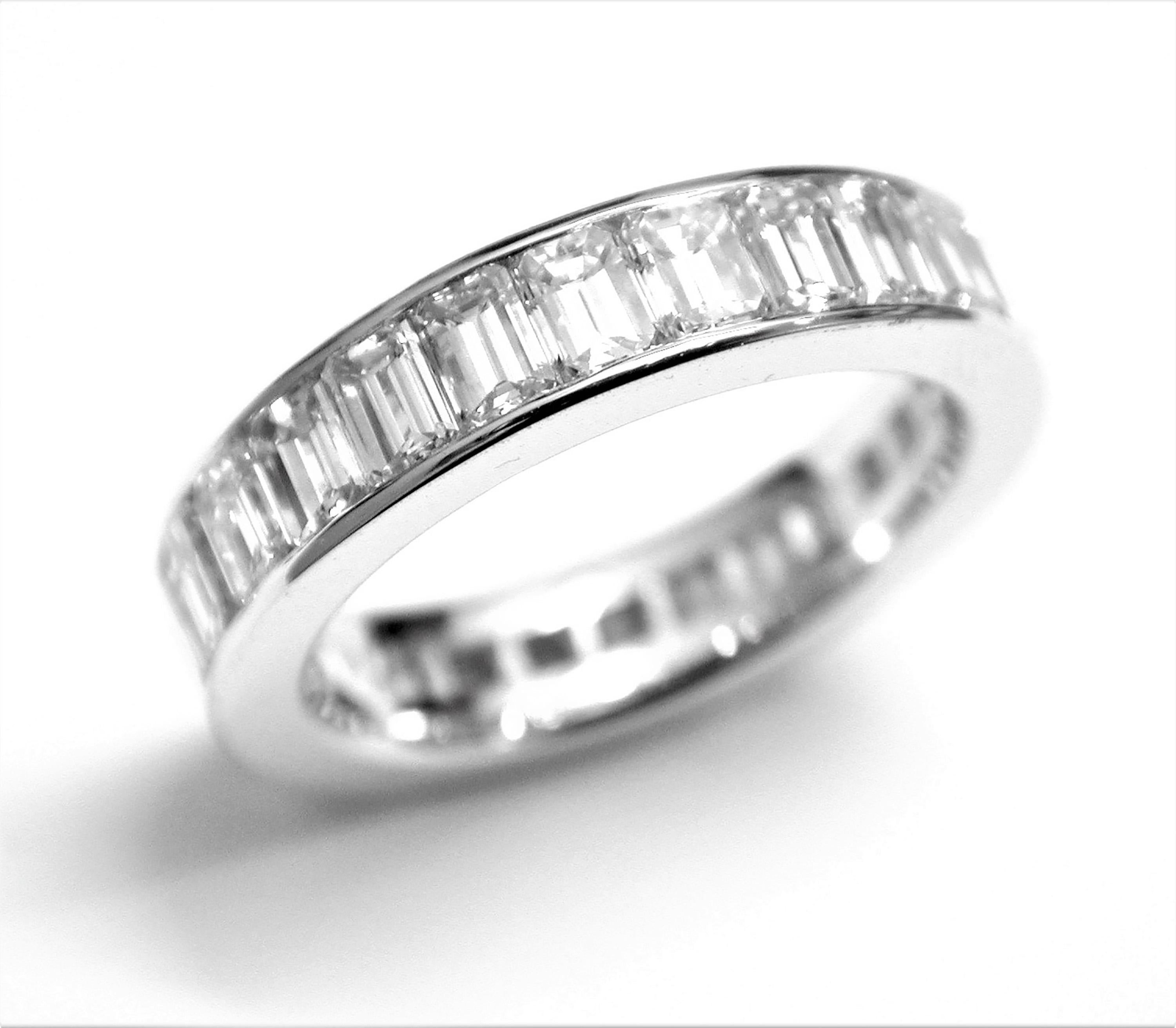 Platinum diamond channel set eternity ring
Emerald-Cut Diamond weighing 3.70 carats 
Each diamonds measures 3.7 millimeters long
Band measuring approximately 5 millimeters 
Made to order in all finger sizes
Special order rings are not refundable
Two