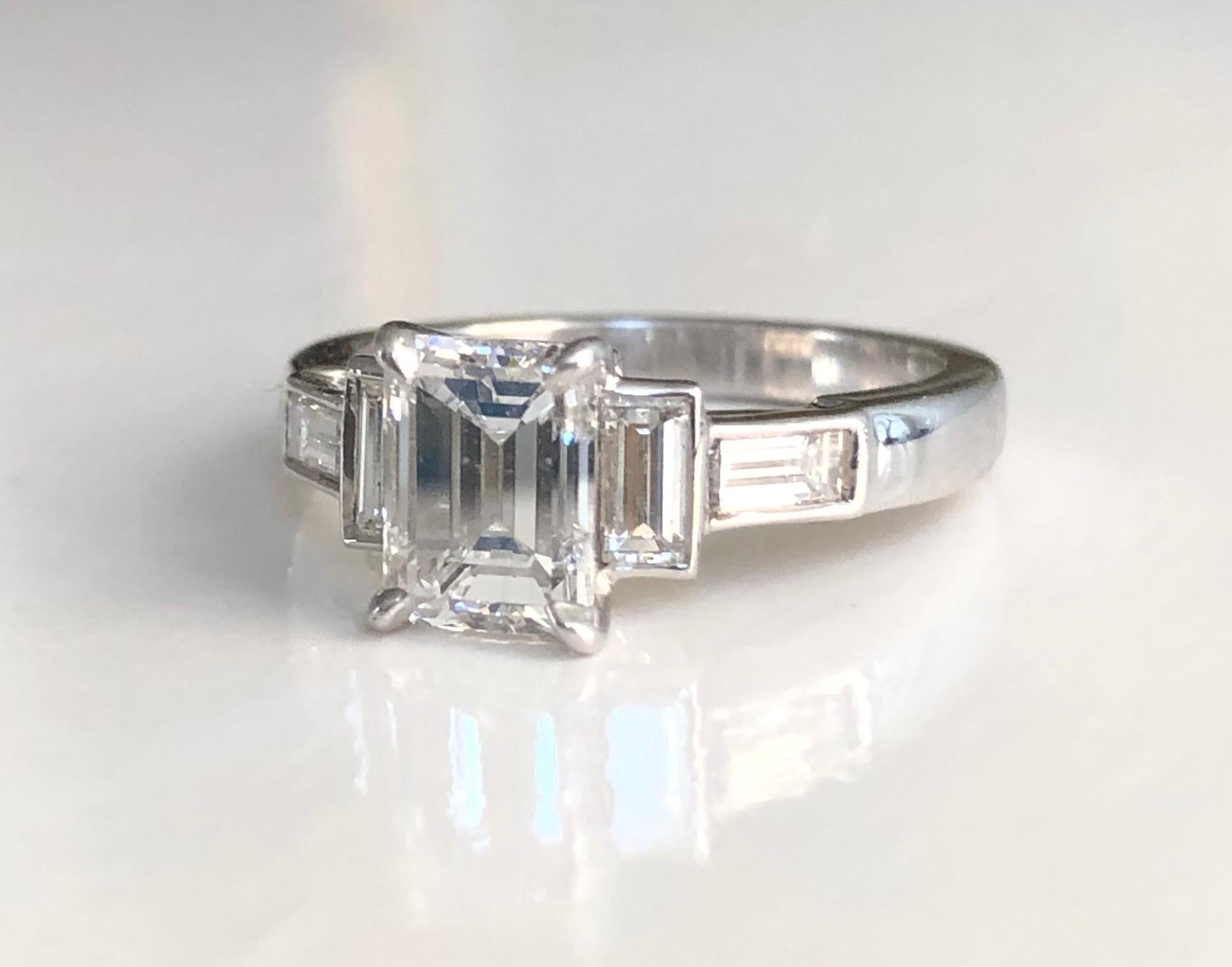 Contemporary Platinum Emerald Cut Diamond  1.50 CT, Engagement Ring, GIA-EVS2 For Sale