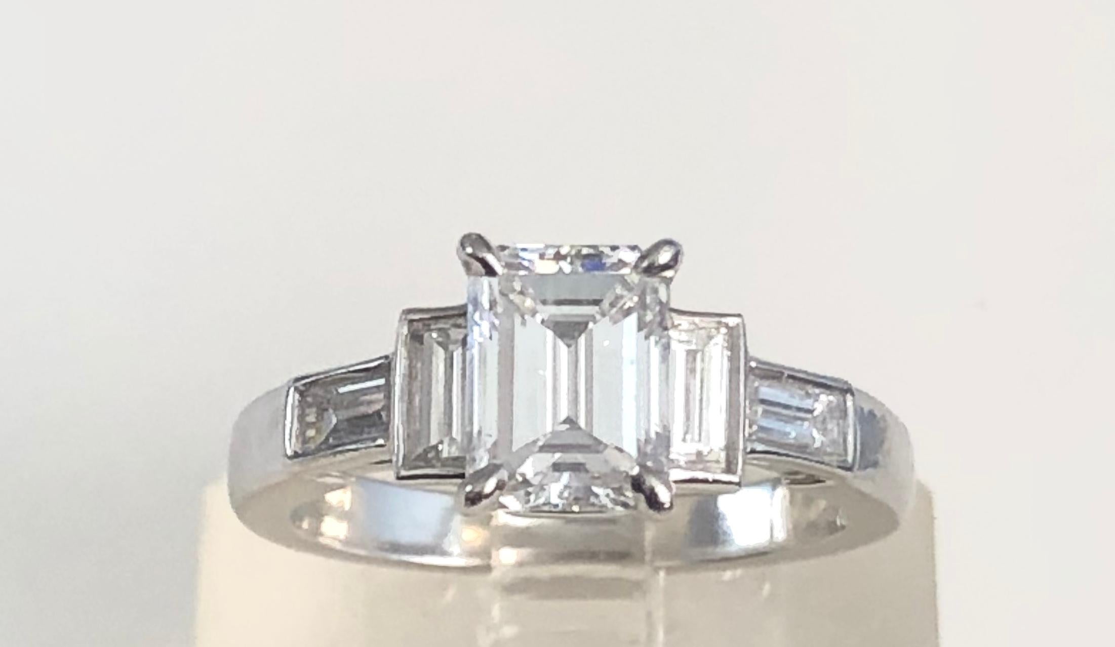 Handmade Platinum Engagement Ring, set with a fine Emerald Cut Diamond 1.50 carats, with a GIA report 