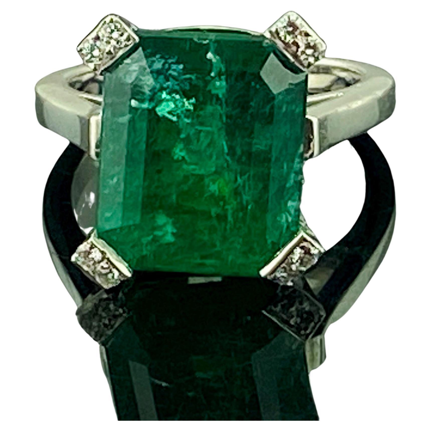 Platinum Emerald Cut Emerald Ring with Diamonds For Sale