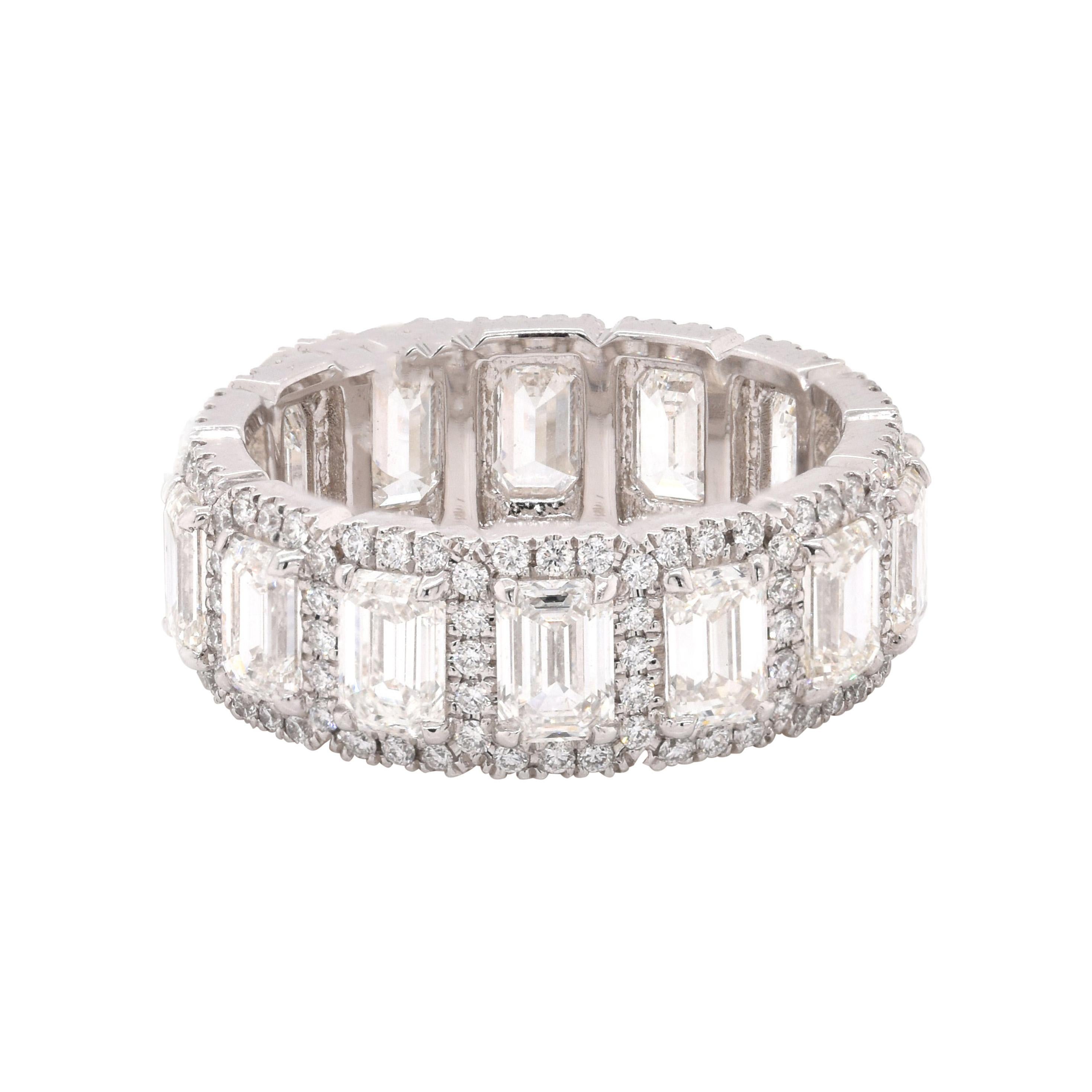 Platinum Emerald Cut Halo Diamond Eternity Band For Sale