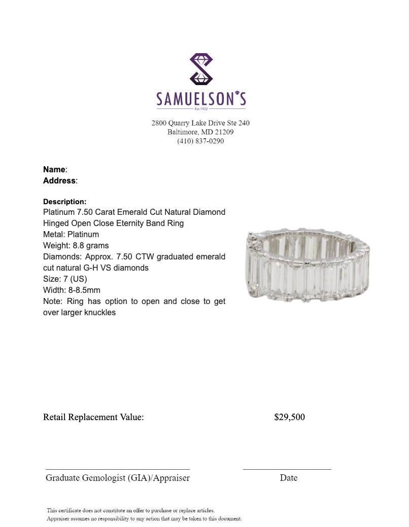 Platinum Emerald Cut Natural Diamond Hinged Open Close Eternity Band Ring 3