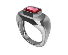 Platinum Emerald Cut Pigeon Blood Ruby Sculpture Ring