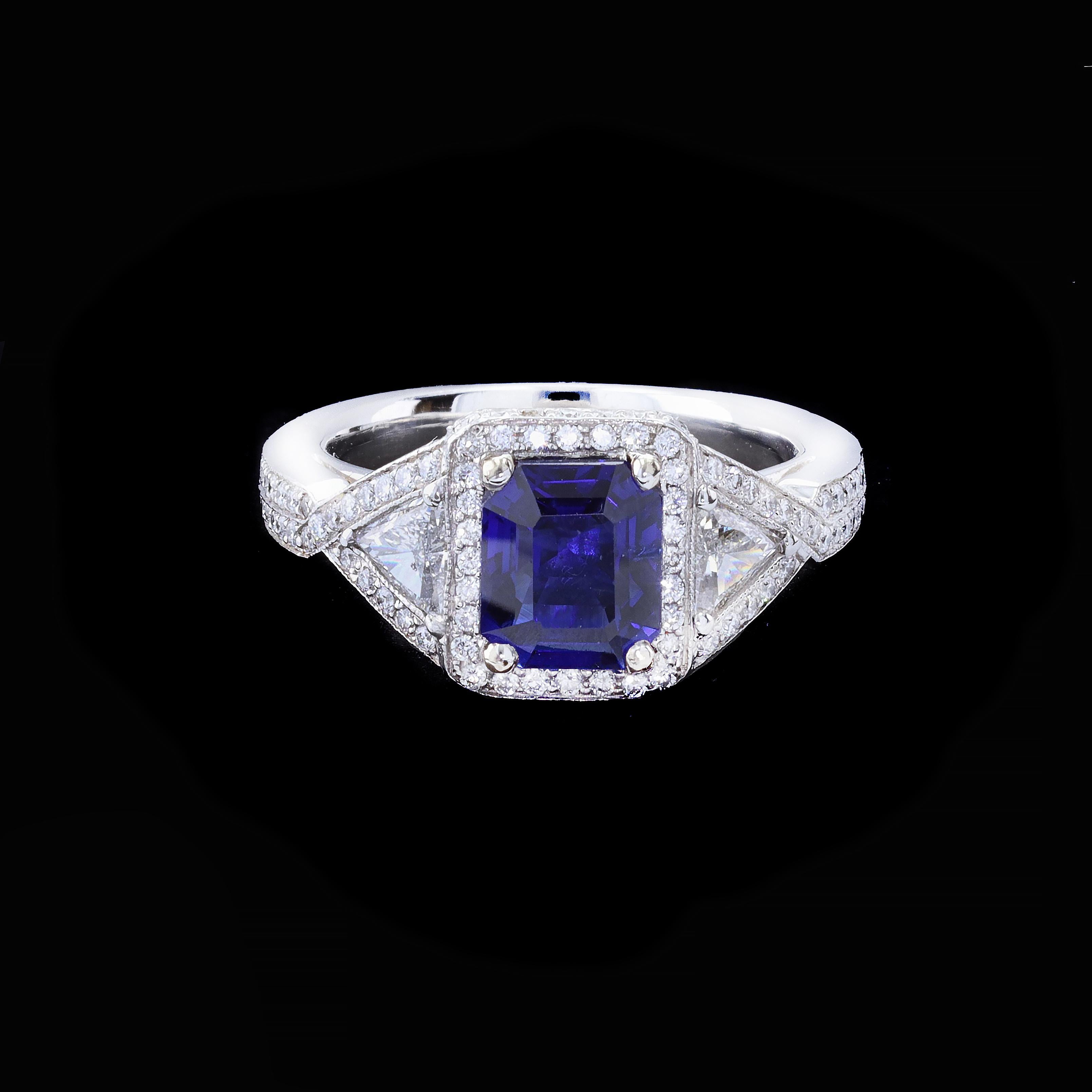 Romantic Platinum Emerald Cut Sapphire and Diamond Ring For Sale