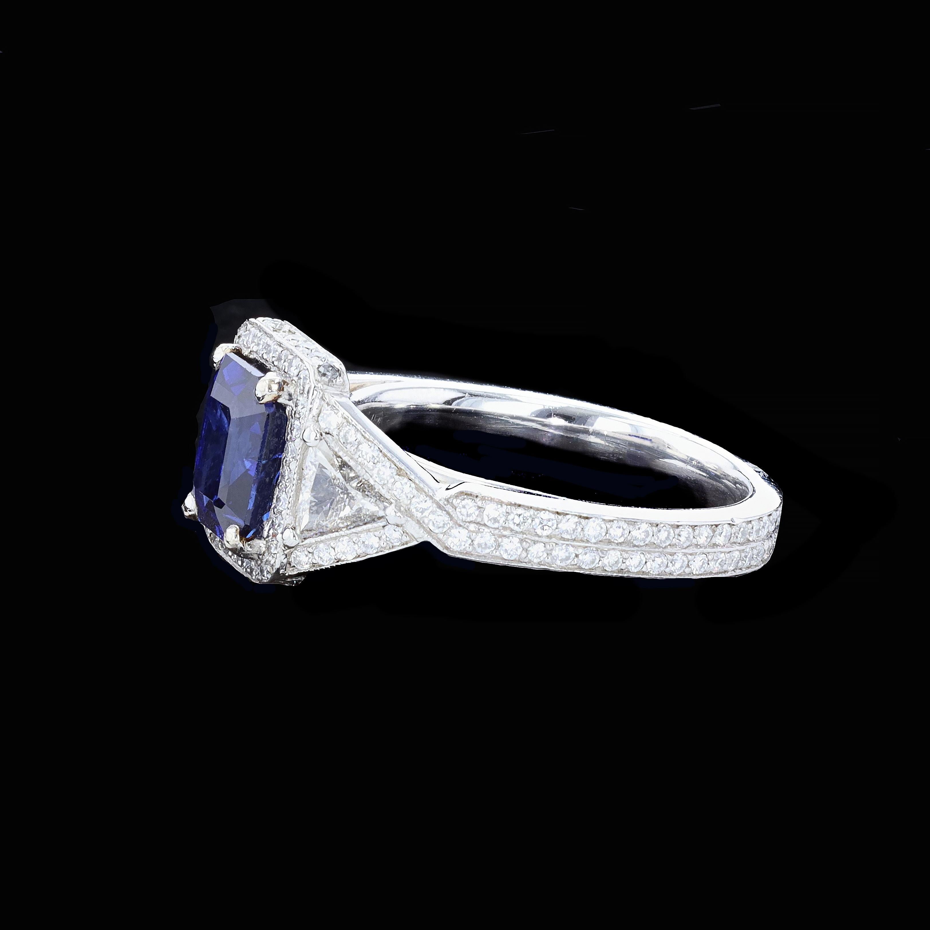 Mixed Cut Platinum Emerald Cut Sapphire and Diamond Ring For Sale