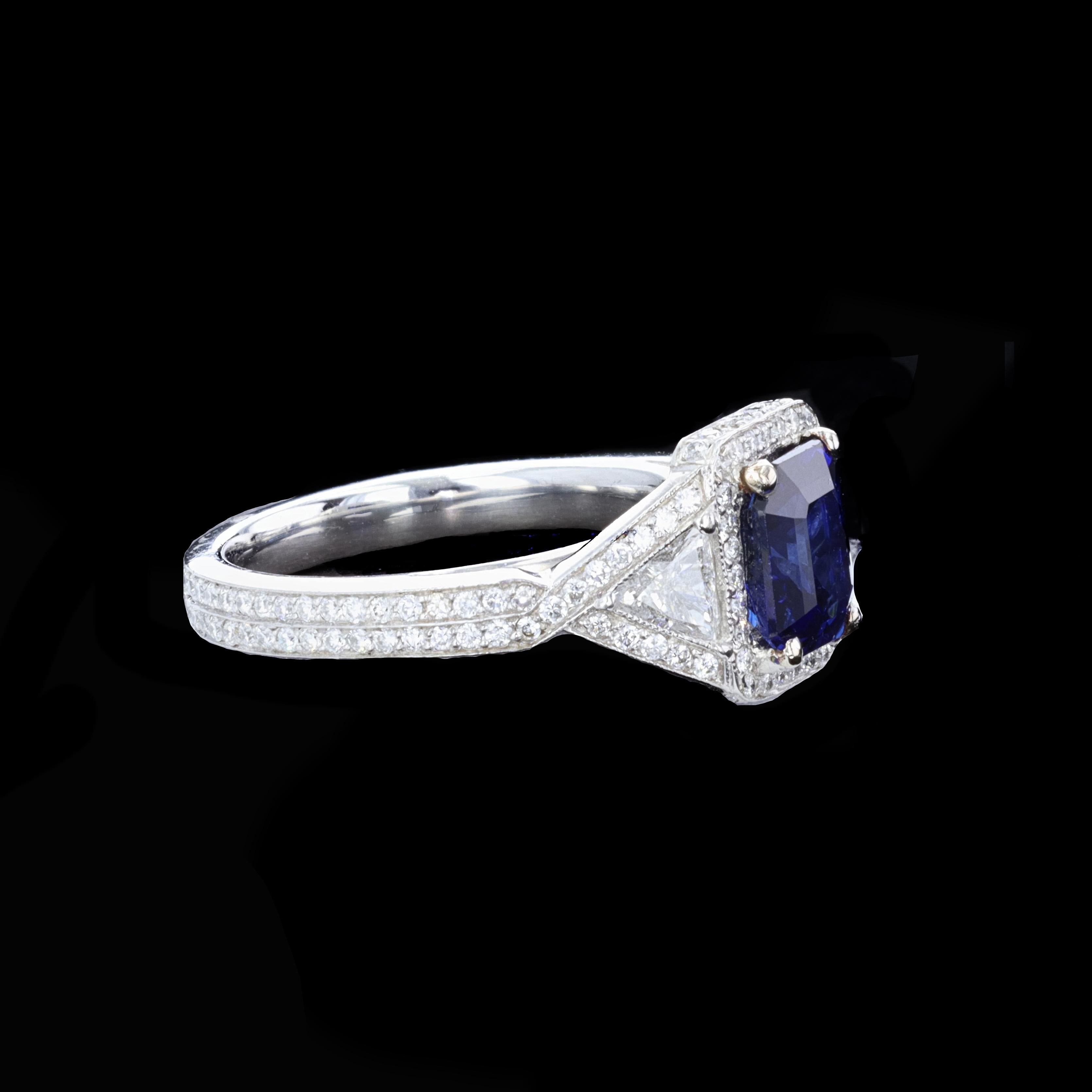 Platinum Emerald Cut Sapphire and Diamond Ring In Excellent Condition For Sale In NEW ORLEANS, LA