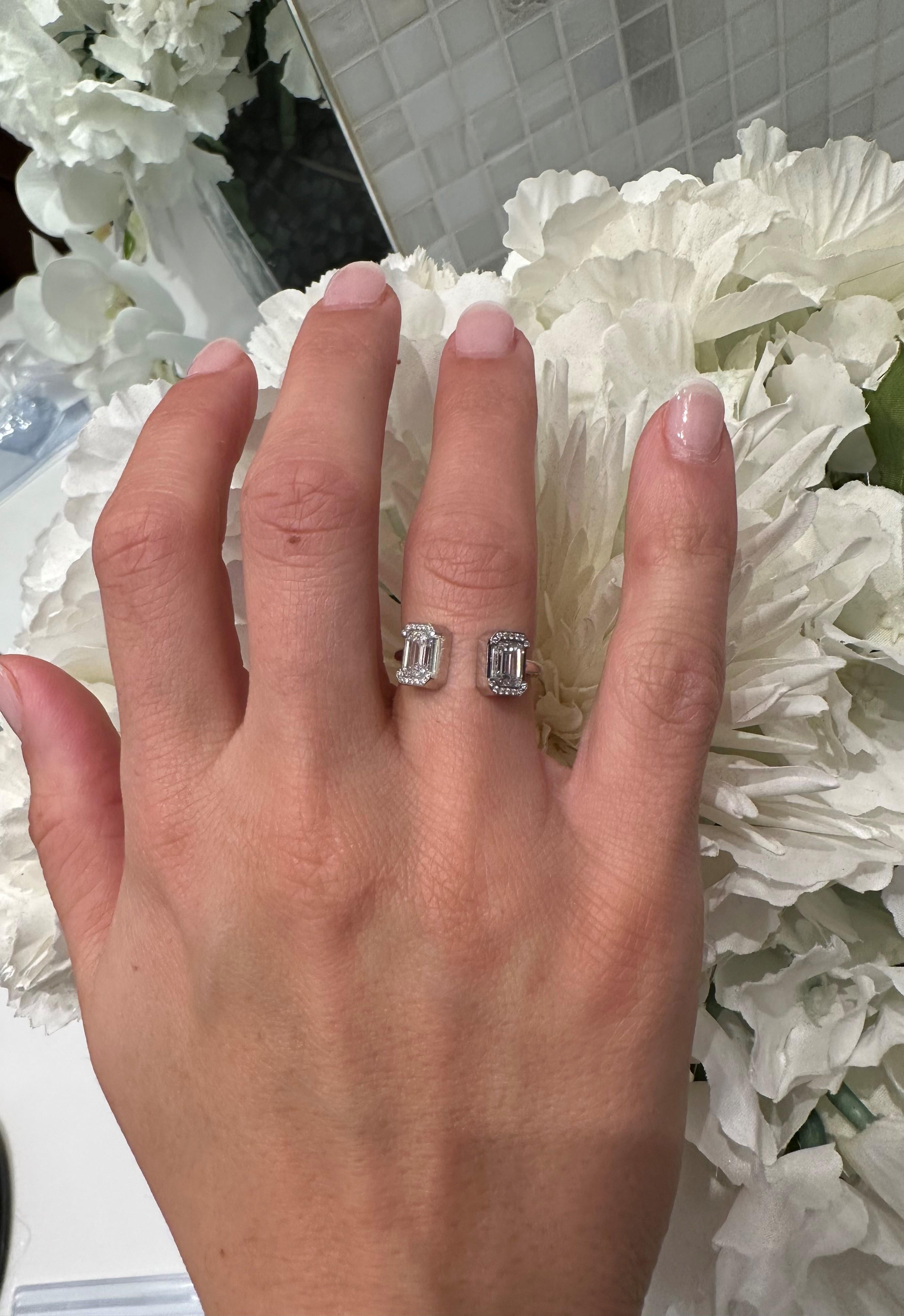 Platinum Emerald Cut Two Stone Diamond Ring In New Condition For Sale In New York, NY