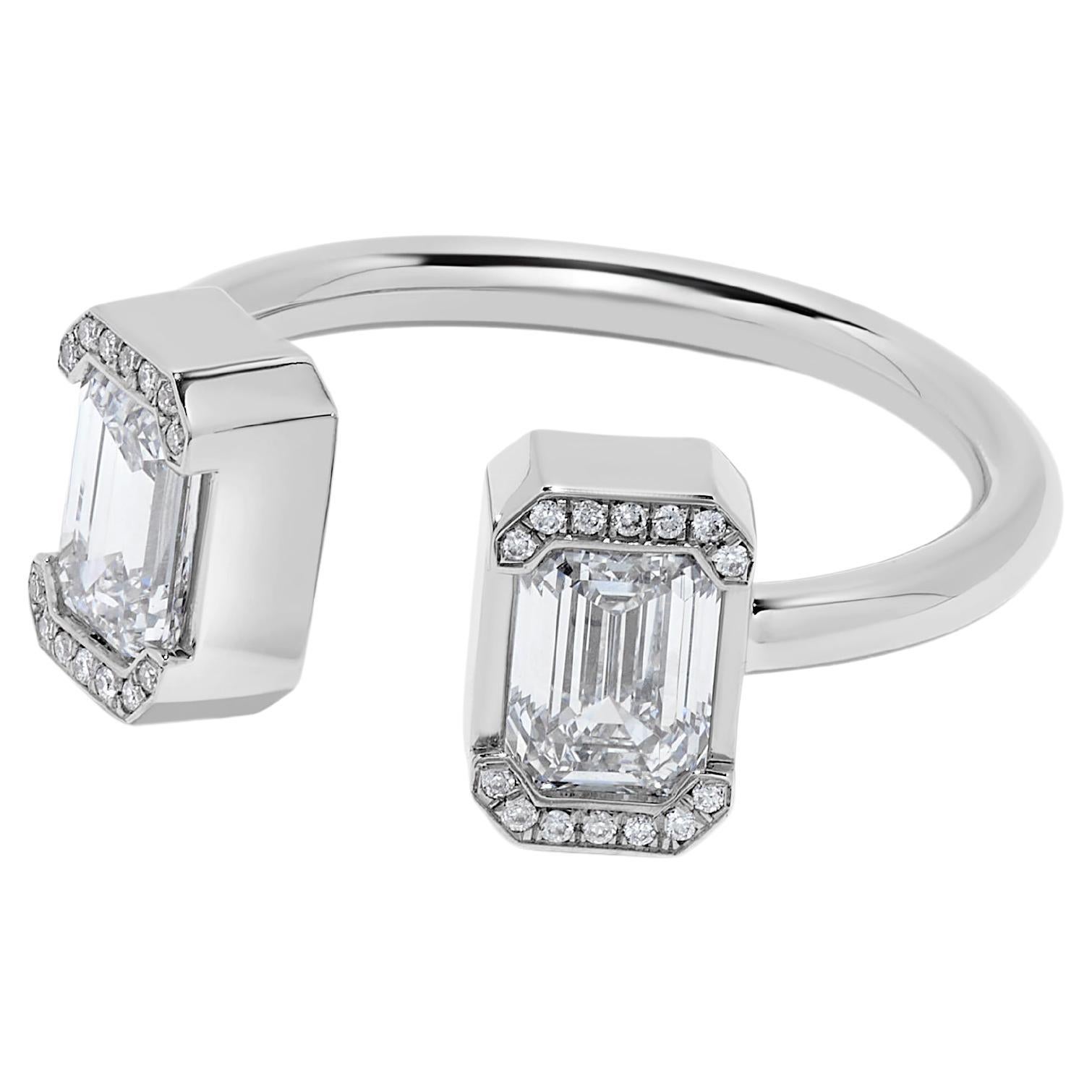 Platinum Emerald Cut Two Stone Diamond Ring For Sale
