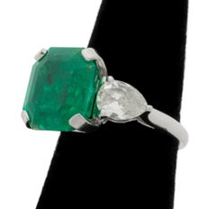 Platinum Emerald Diamond Three-Stone Ring, AGL Certified, 20th Century
