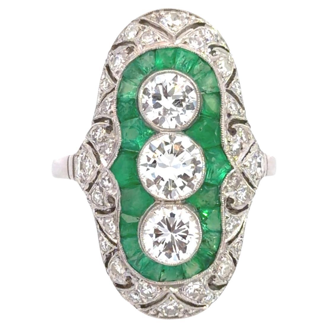 Platinum Emerald Diamond Art Deco Style Ring For Sale