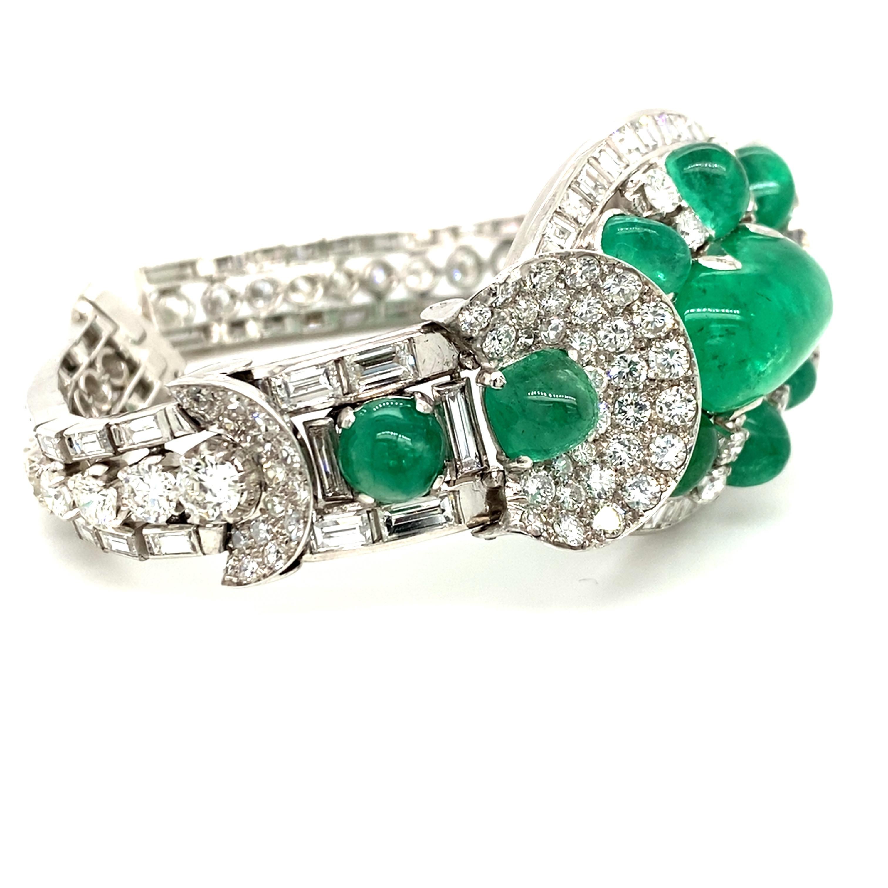 Cabochon Platinum Emerald Diamond Bracelet, circa 1950