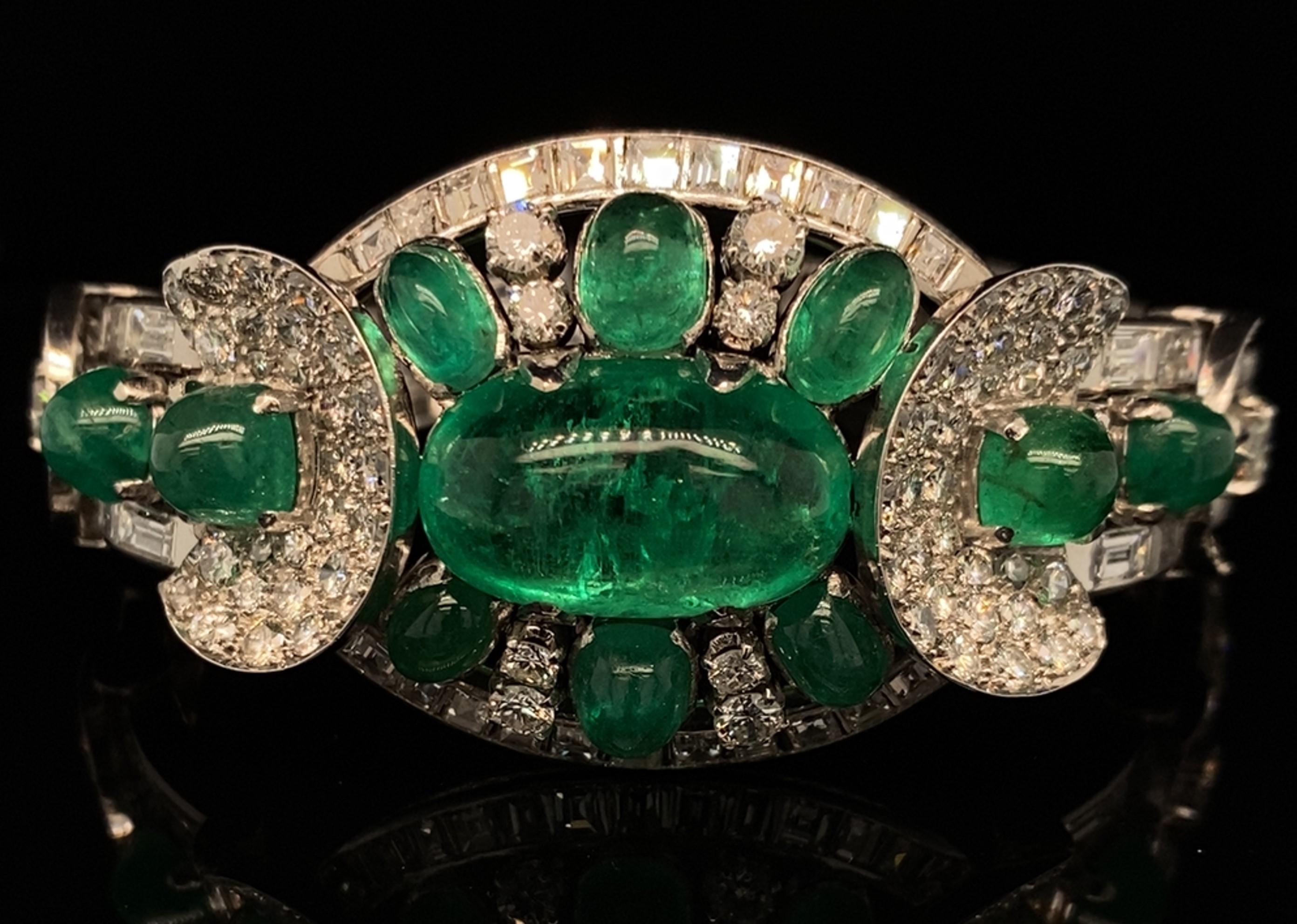 Women's Platinum Emerald Diamond Bracelet, circa 1950