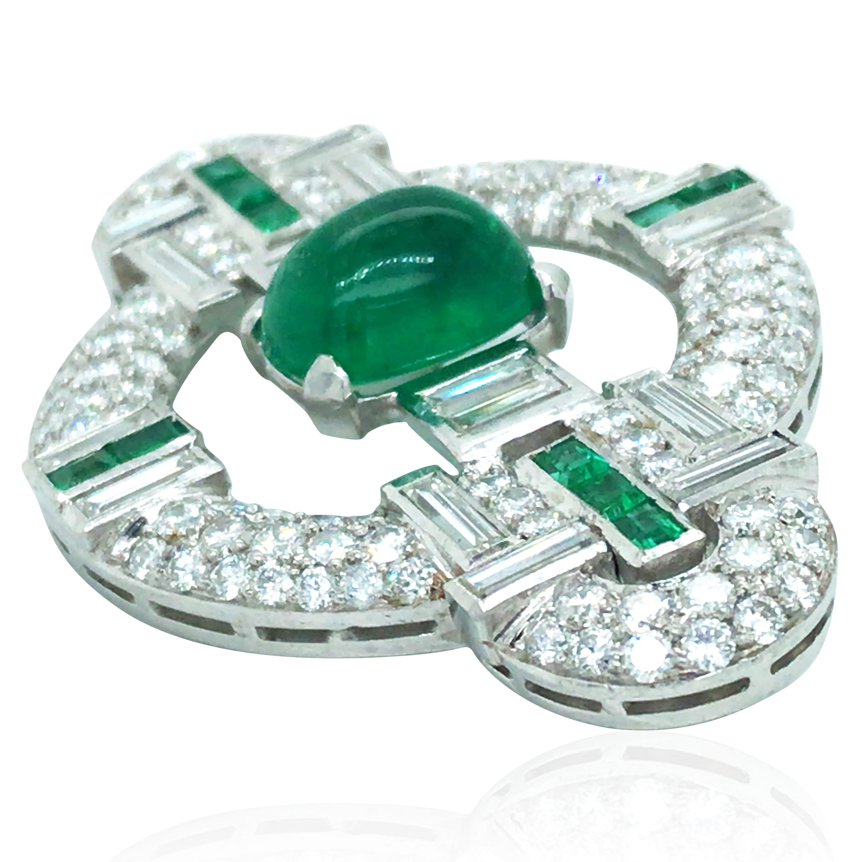 Art Deco Platinum Emerald Diamond Brooch