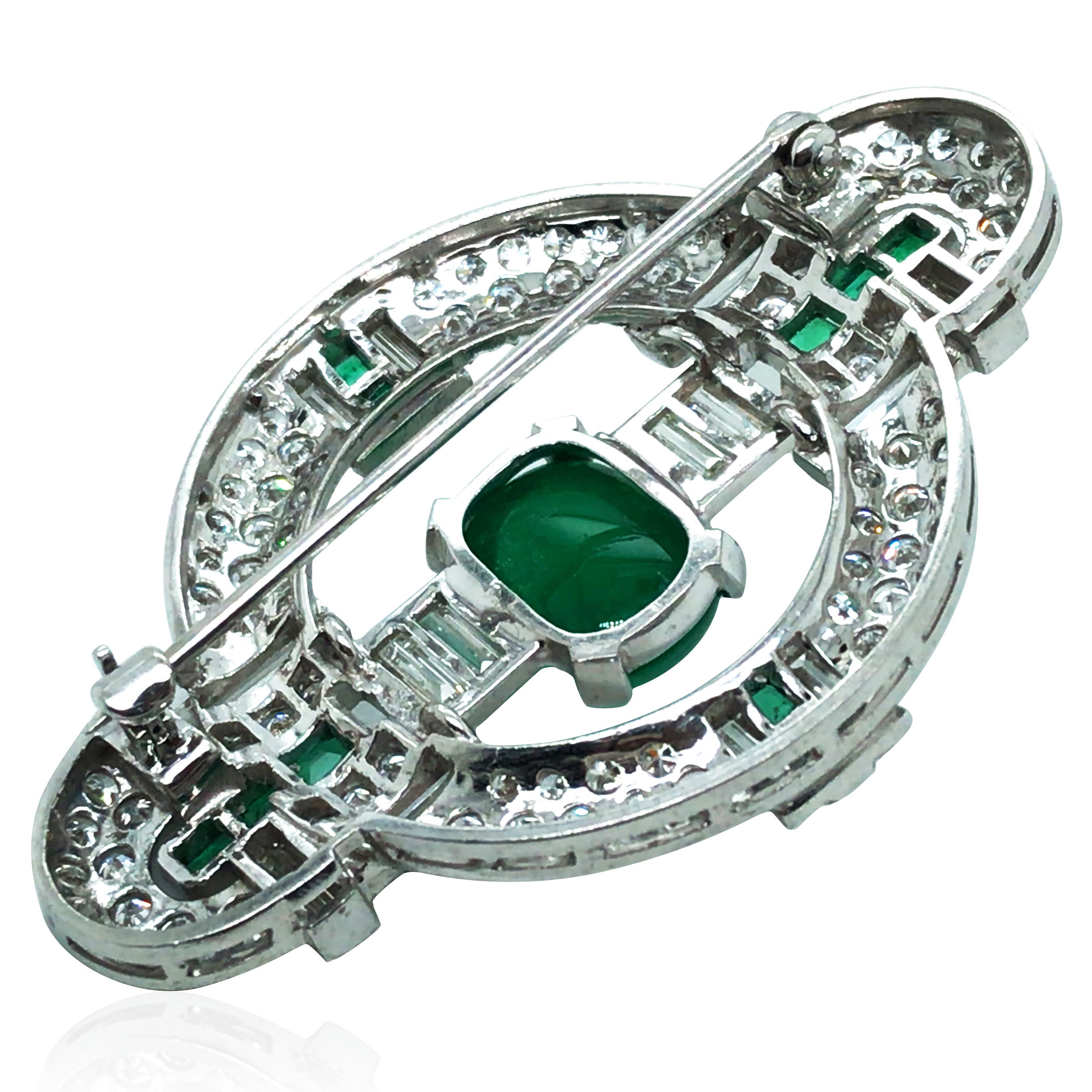 Cabochon Platinum Emerald Diamond Brooch