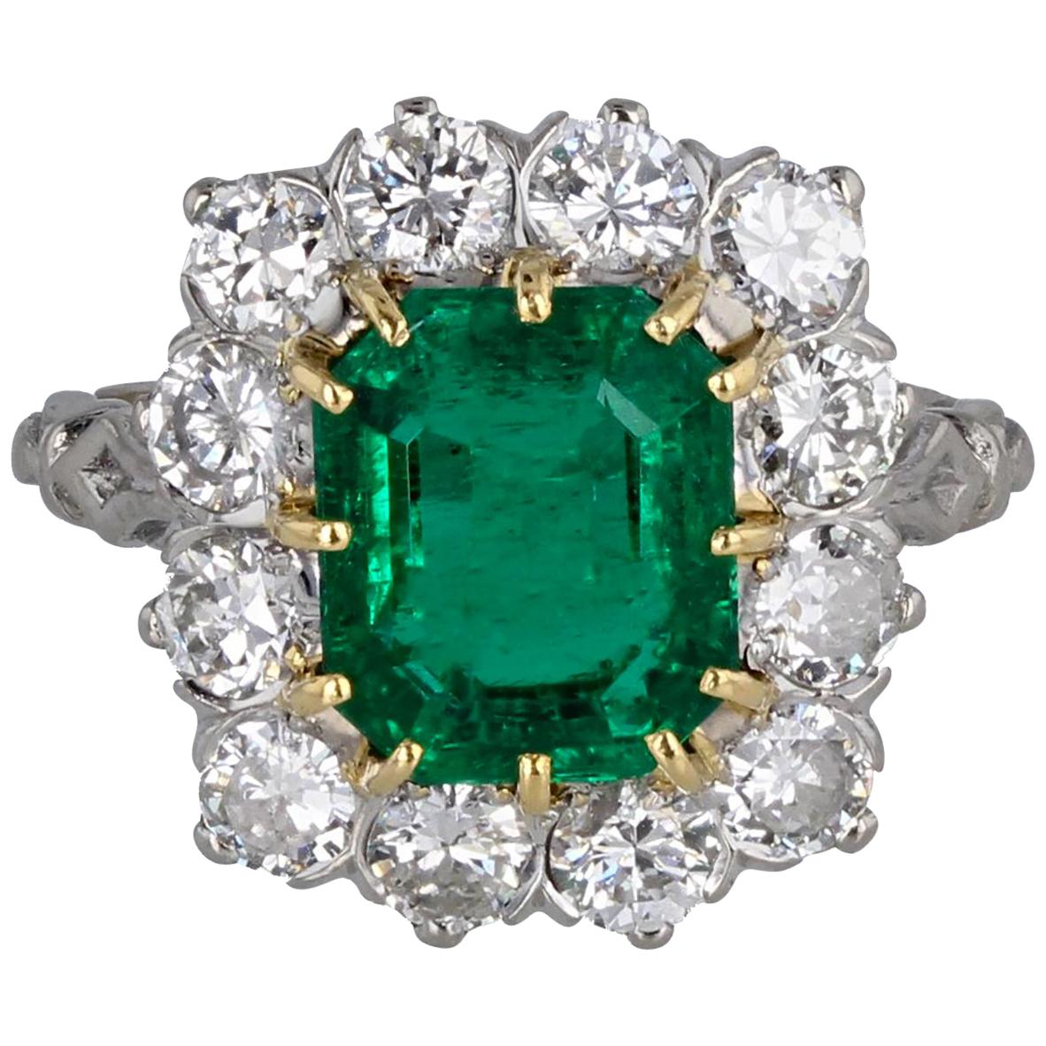 Platinum Emerald Diamond Cluster Ring For Sale