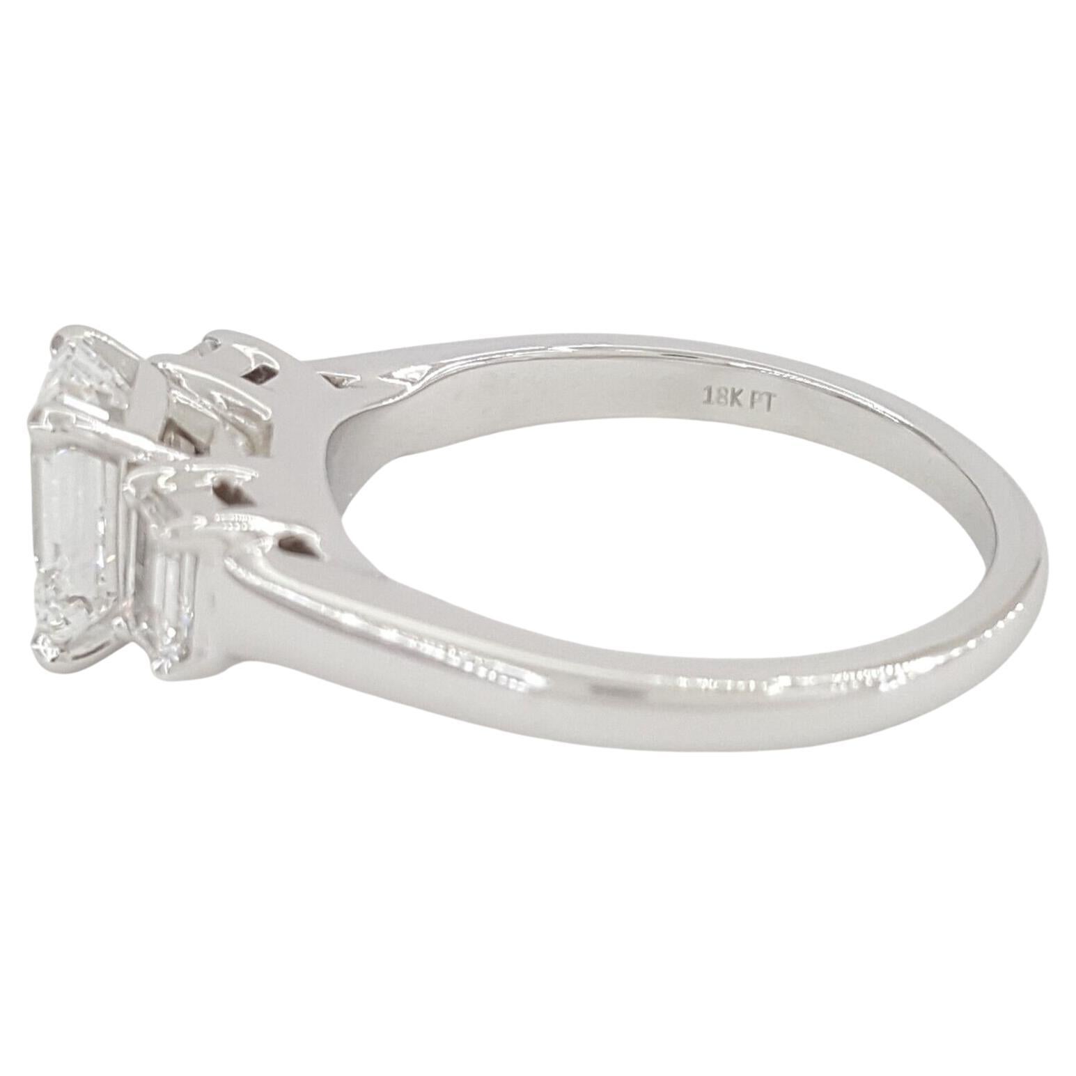 Emerald Cut Platinum Emerald Diamond Cut Three-Stone Engagement Ring For Sale
