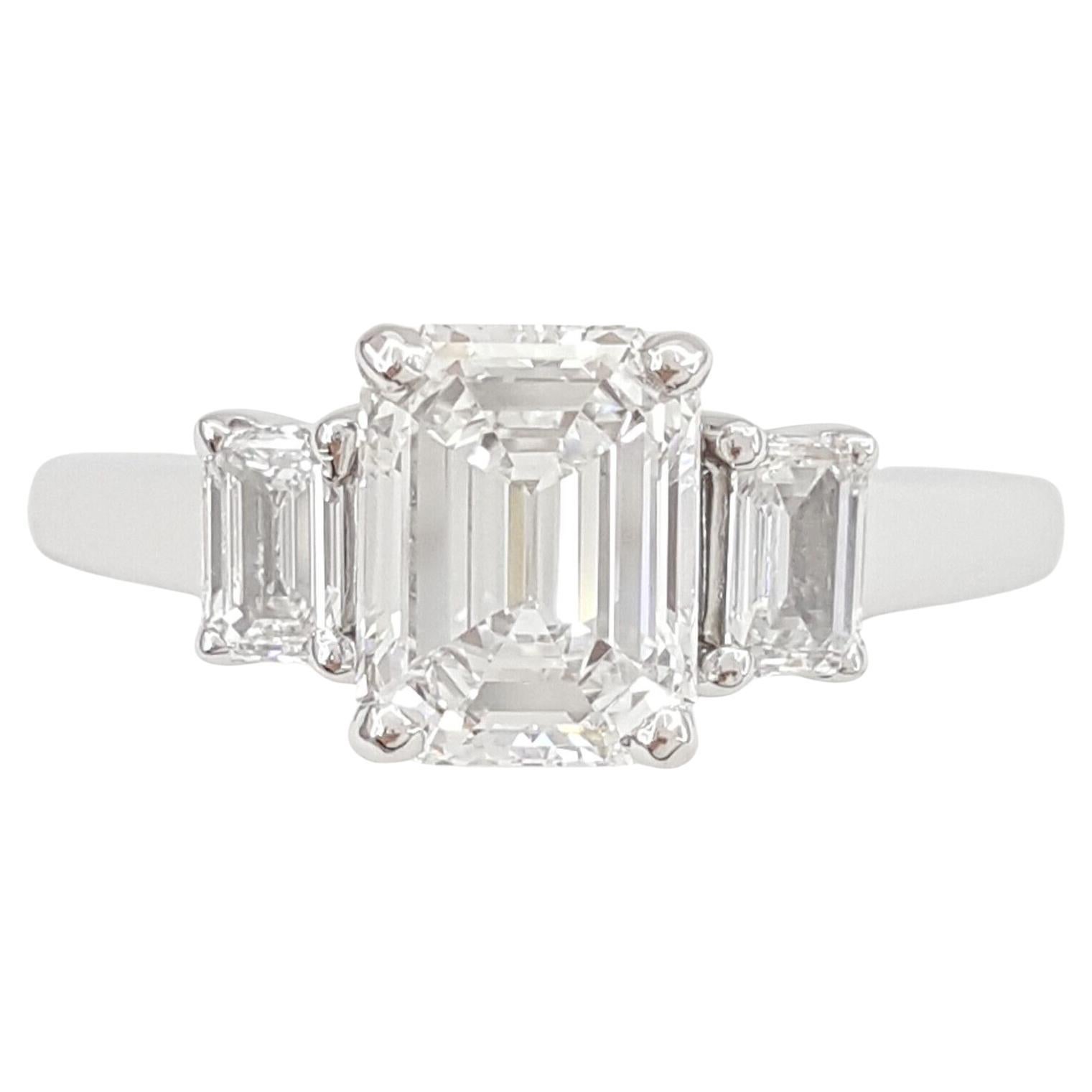 Platinum Emerald Diamond Cut Three-Stone Engagement Ring For Sale