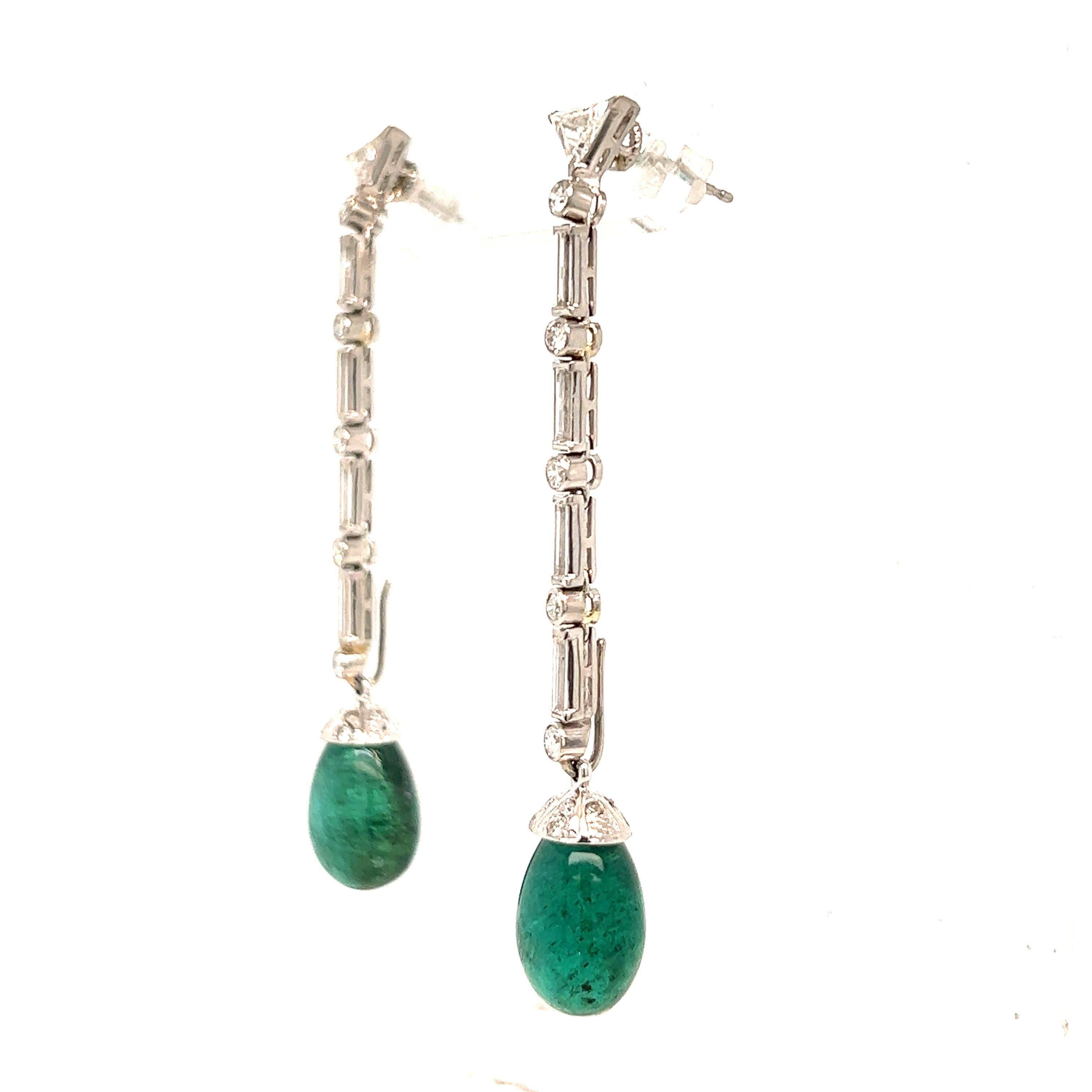 Baguette Cut Platinum Emerald & Diamond Earrings  For Sale
