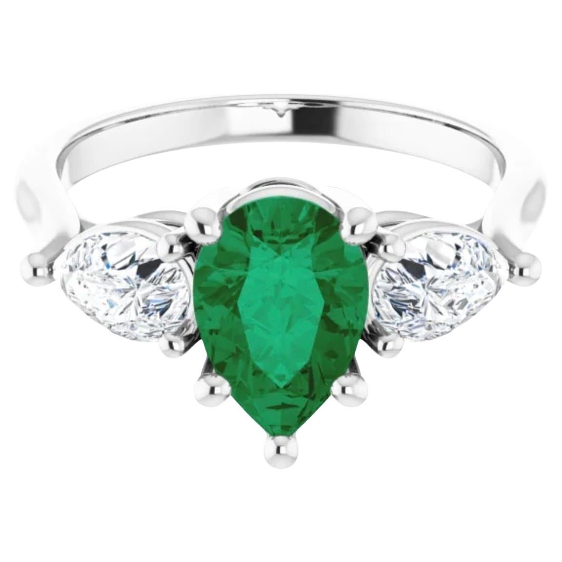 Art Deco Platinum, Emerald & Diamond Engagement Ring 3 Stone Pear Shape 2.20ct For Sale