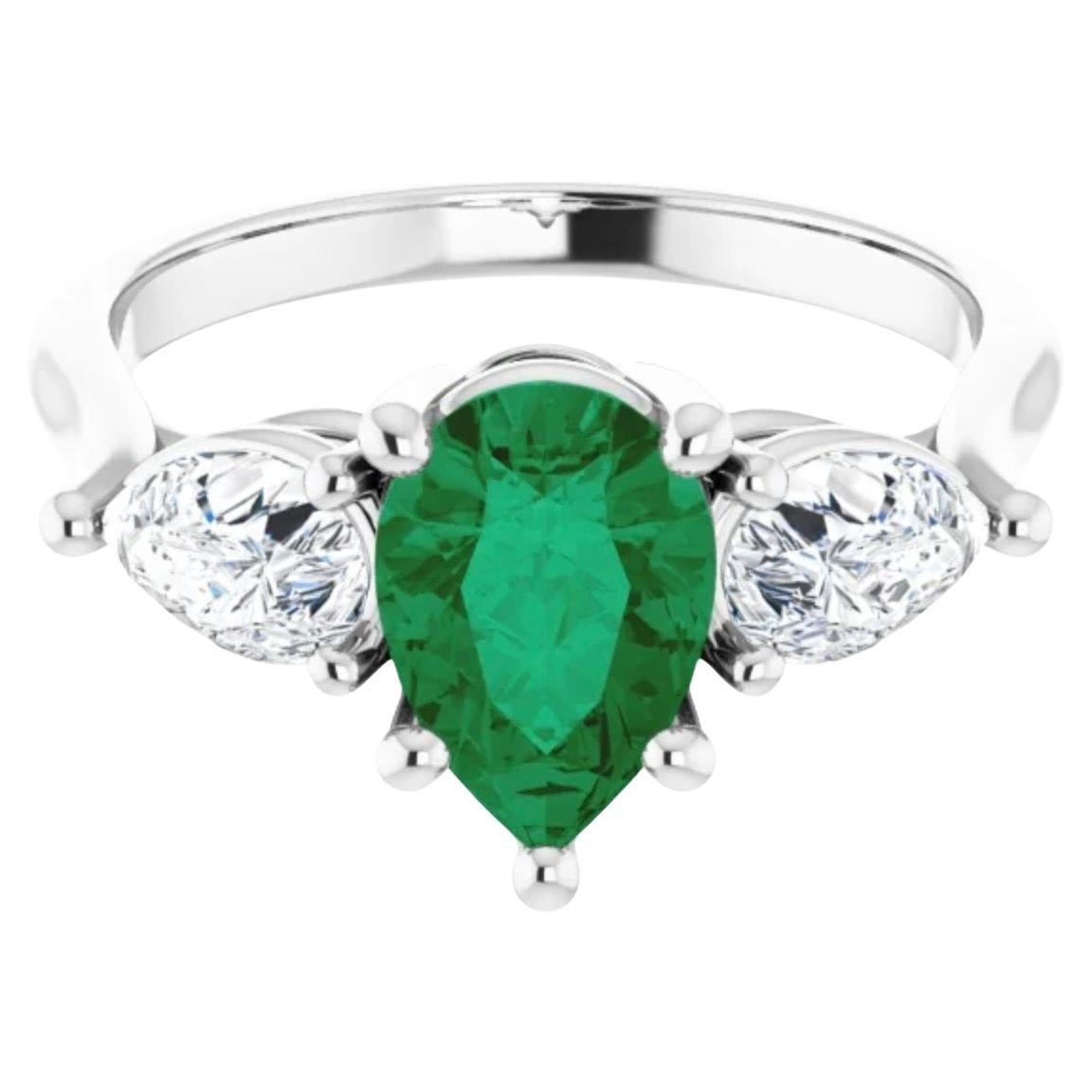 Art Deco Colombian Emerald Diamond Engagement Ring 3 Stone Pear Shape 2.20ct For Sale