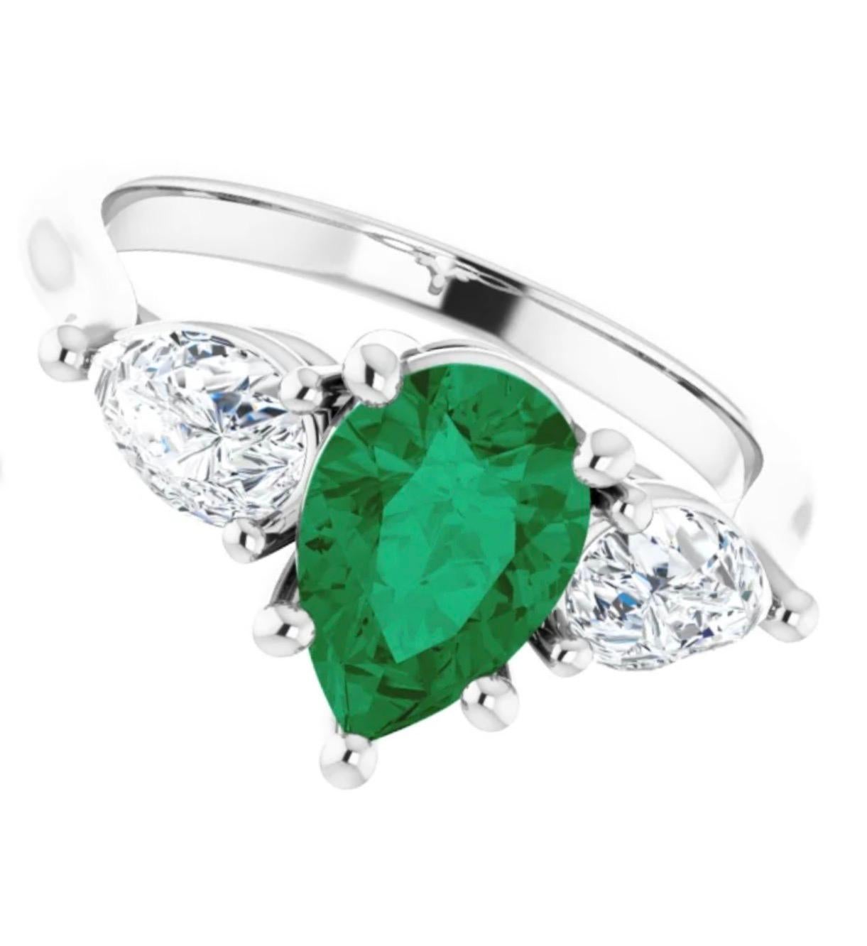 Women's Platinum, Emerald & Diamond Engagement Ring 3 Stone Pear Shape 2.20ct For Sale