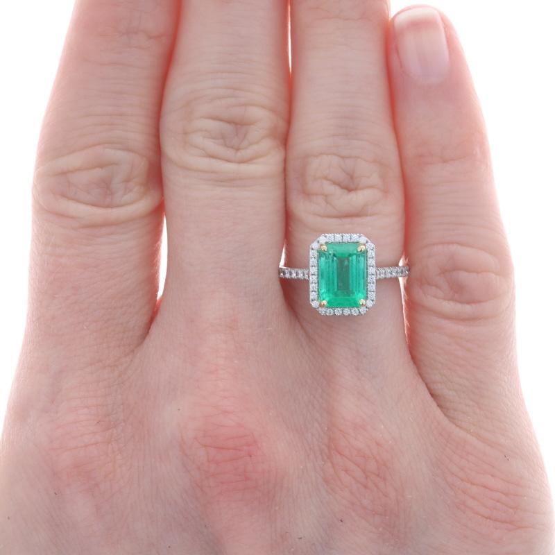 Size: 5 3/4
Sizing Fee: Up 2 sizes for $100

Metal Content: Platinum & 18k Yellow Gold (solitaire's prongs)

Stone Information
Natural Emerald
Treatment: Oiling
Carat(s): 2.08ct
Cut: Emerald
Color: Green
Origin: Colombia
Certified by: GIA
Report