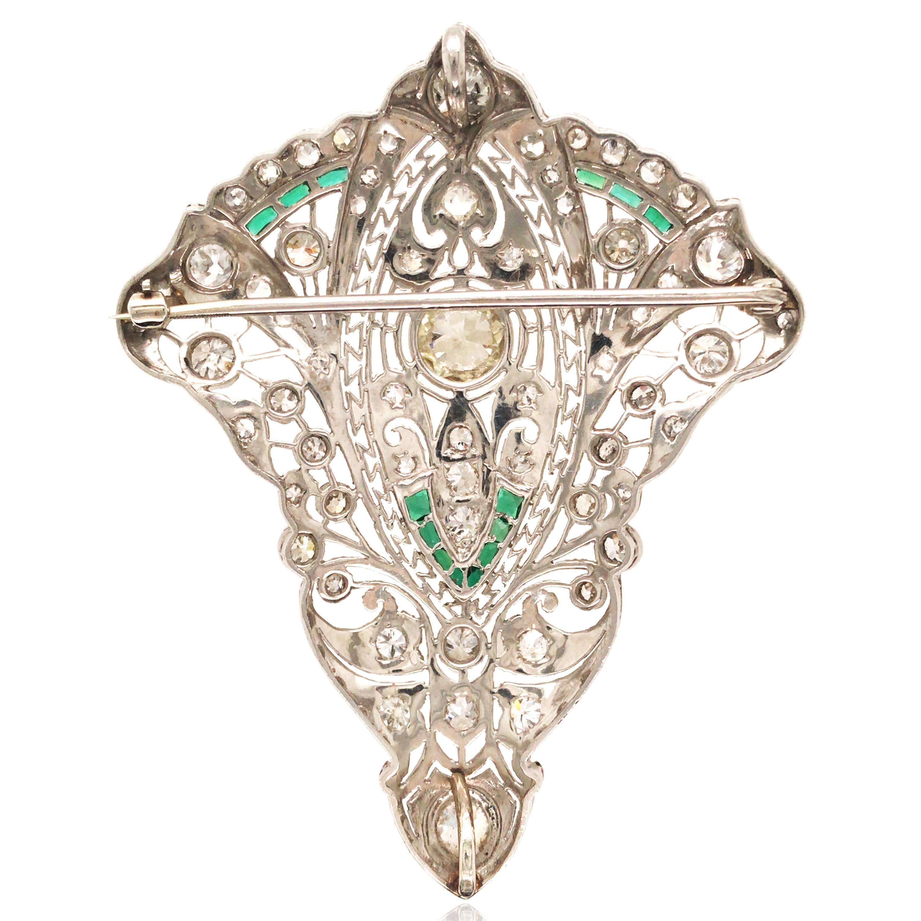 Old European Cut Platinum Emerald Diamond Pendant Necklace