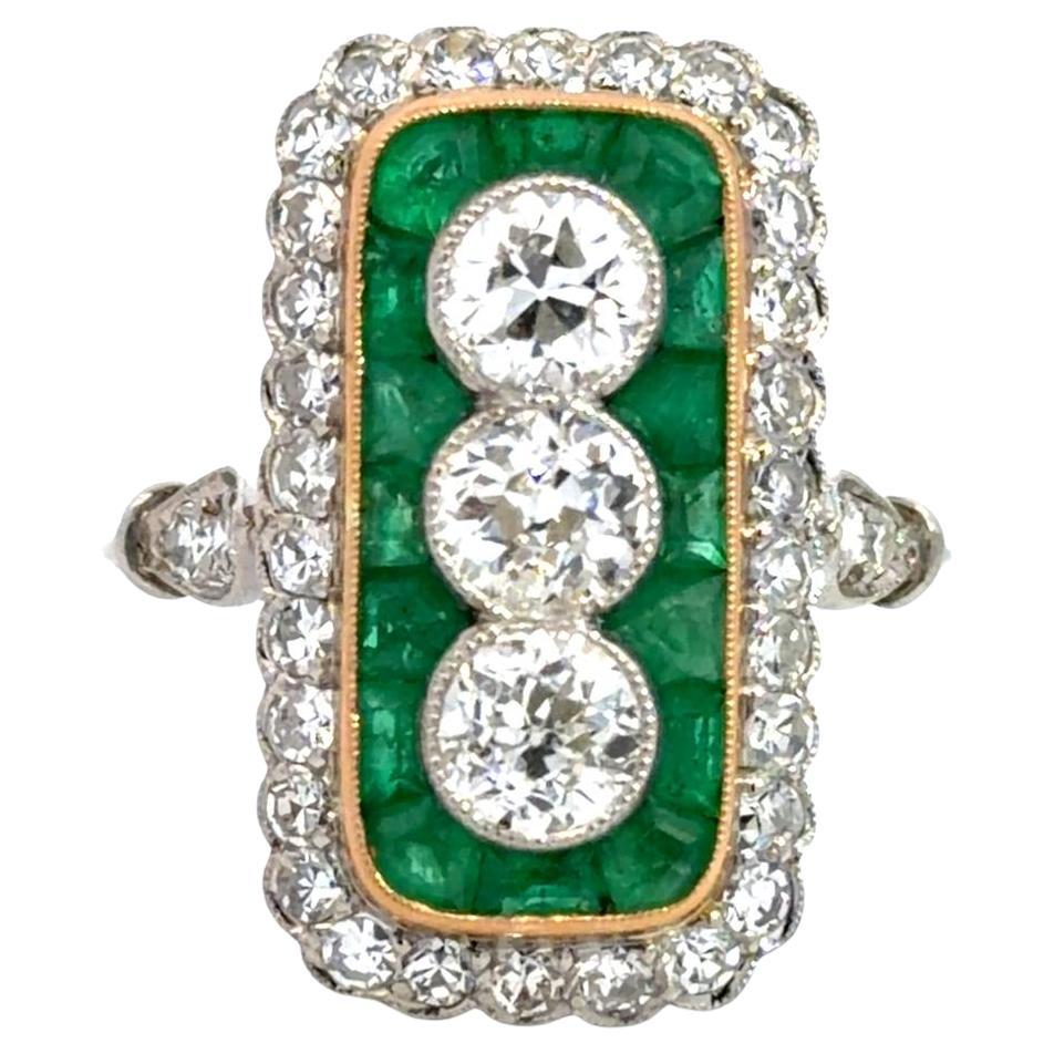 Platinum Emerald Diamond Rectangular Design Ring - image 1