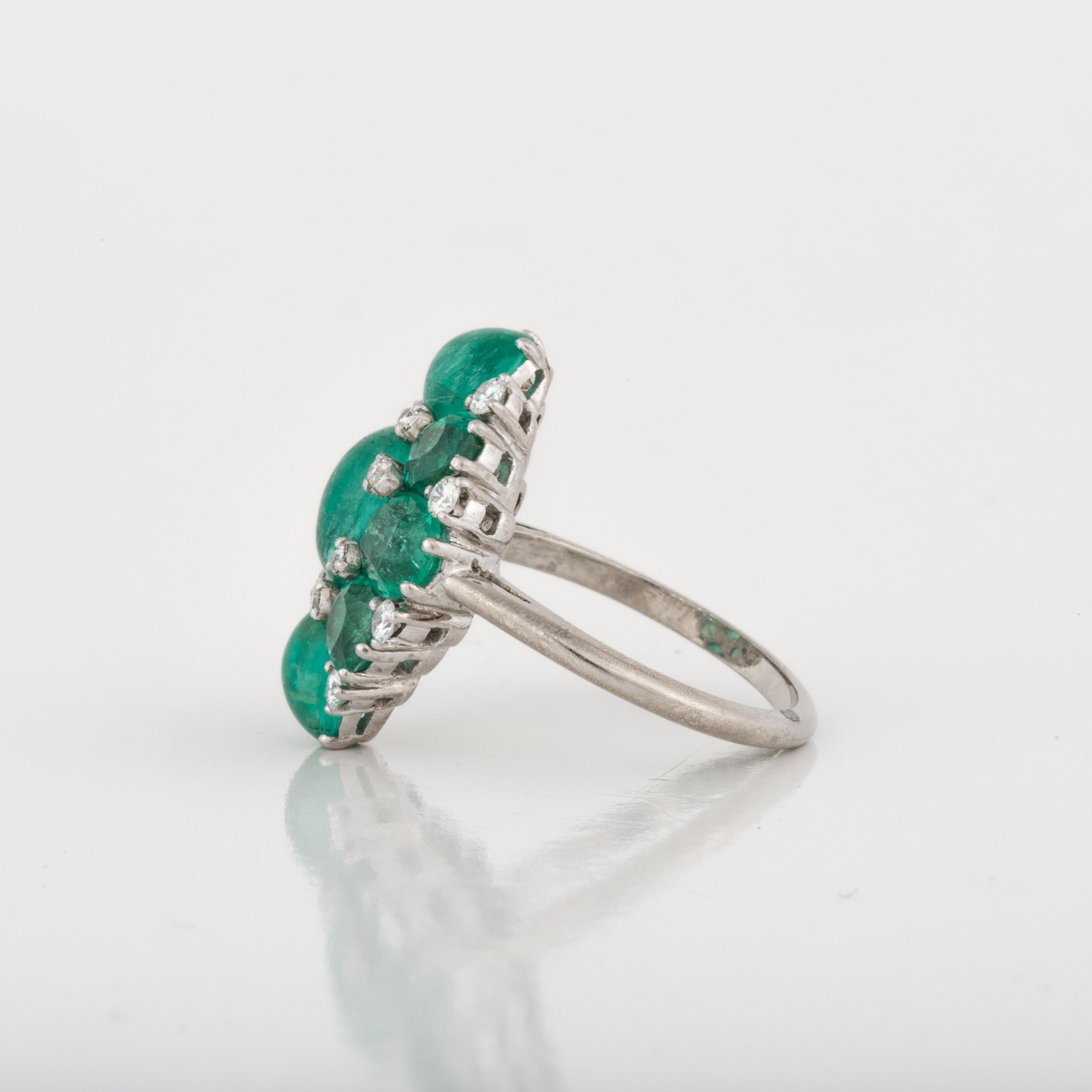 Cabochon Platinum Emerald Diamond Cluster Ring